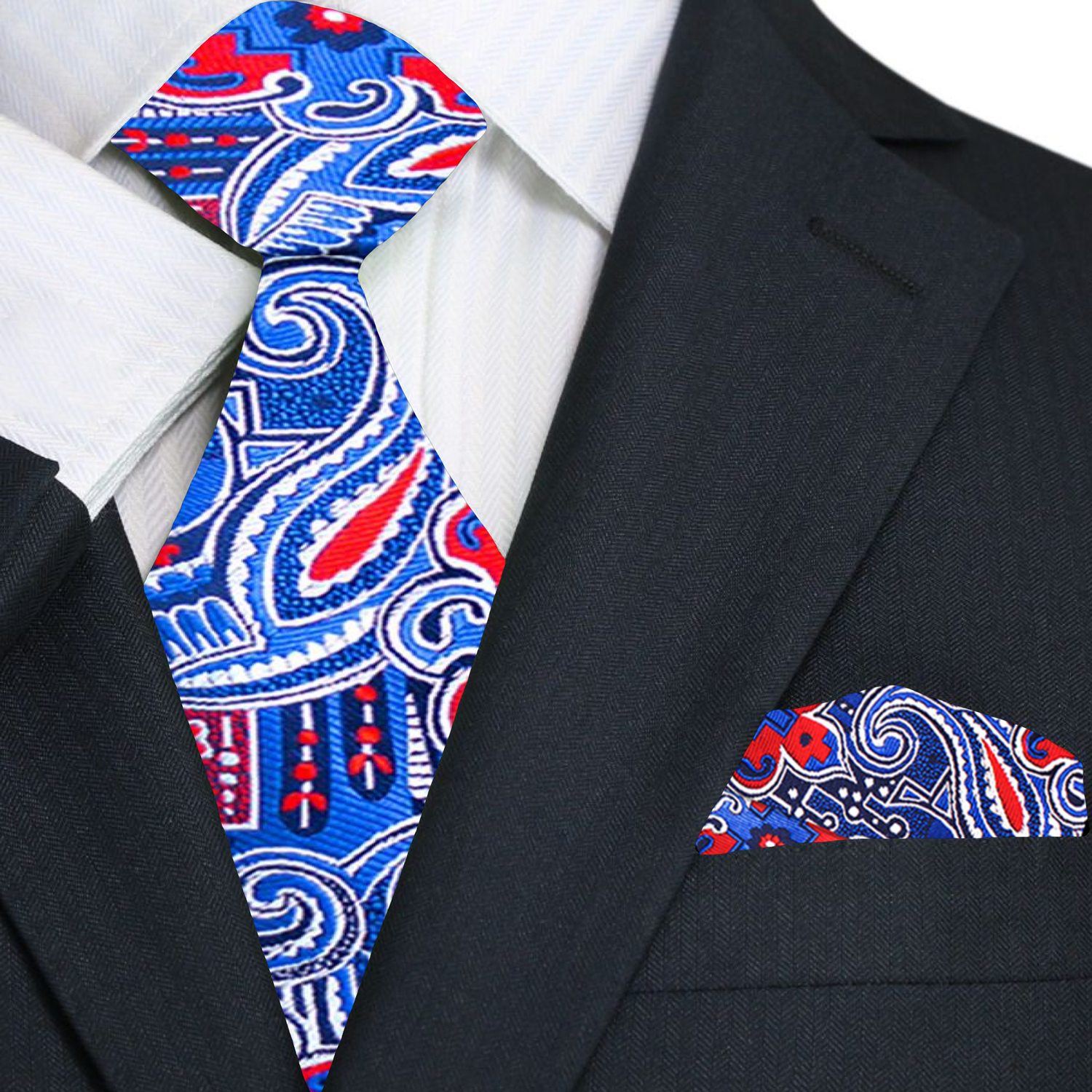 Blue and red paisley tie and pocket square on a black suit jacket.
