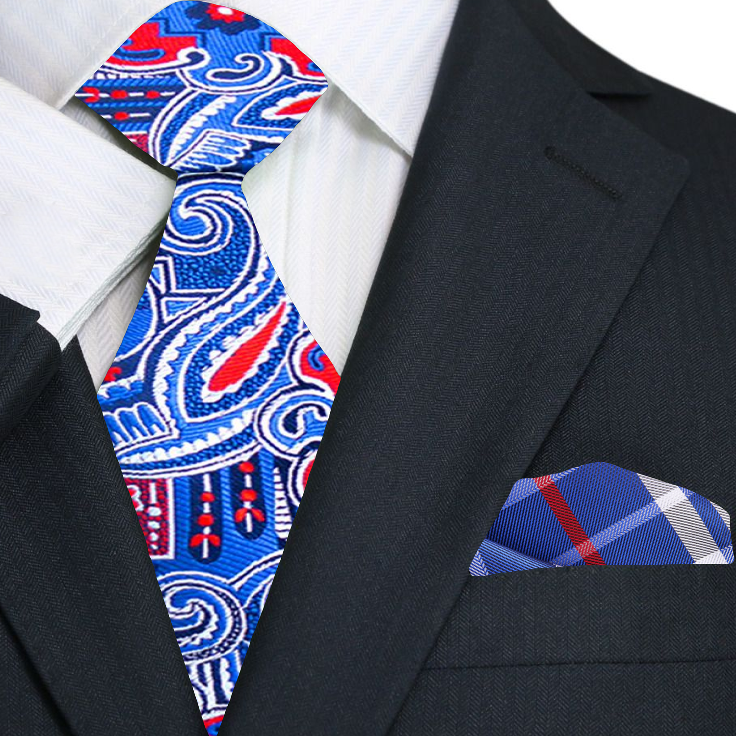 Blue paisley tie and matching pocket square with a black suit jacket.