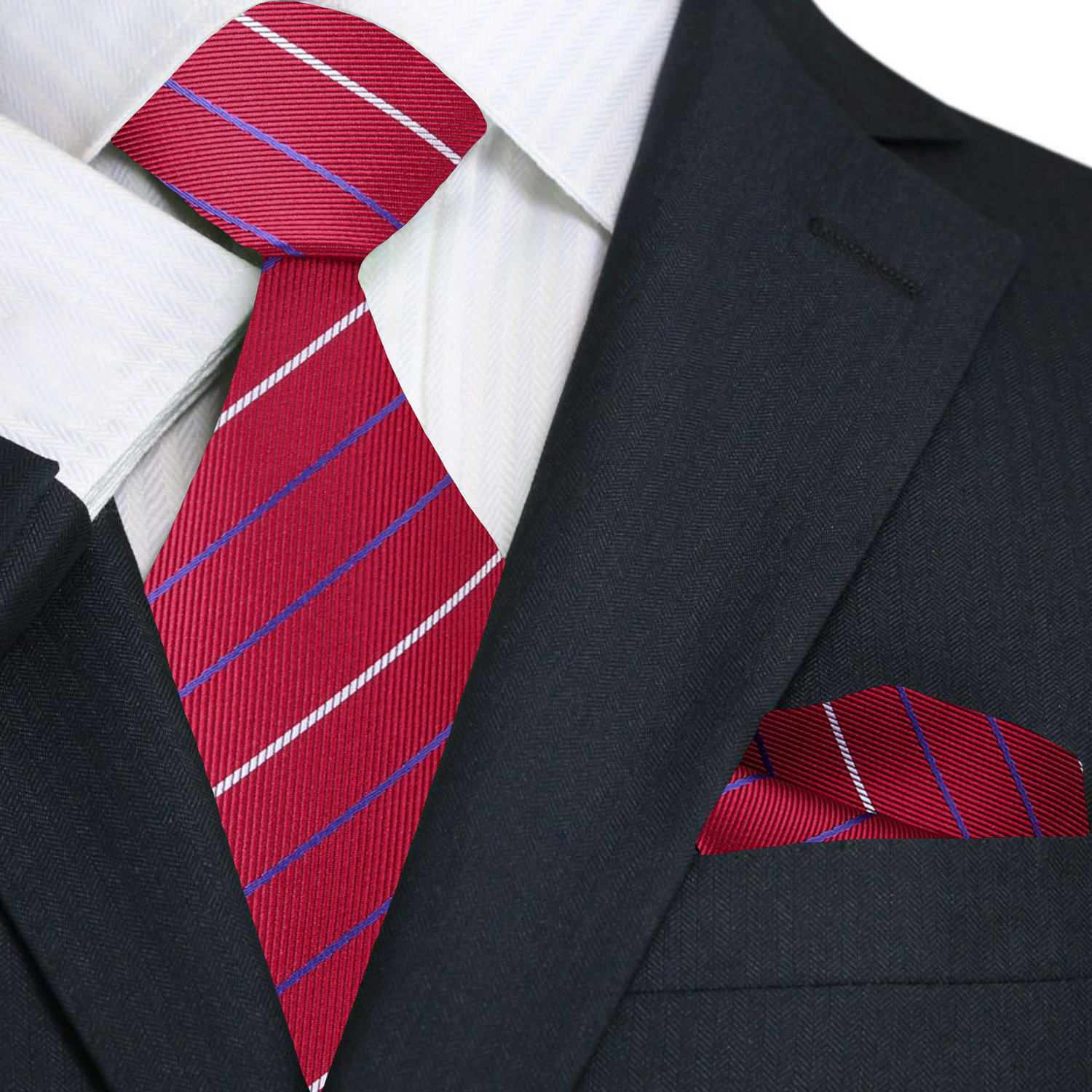 Red, White, Blue Stripe Pattern Necktie, Matching Pocket Square