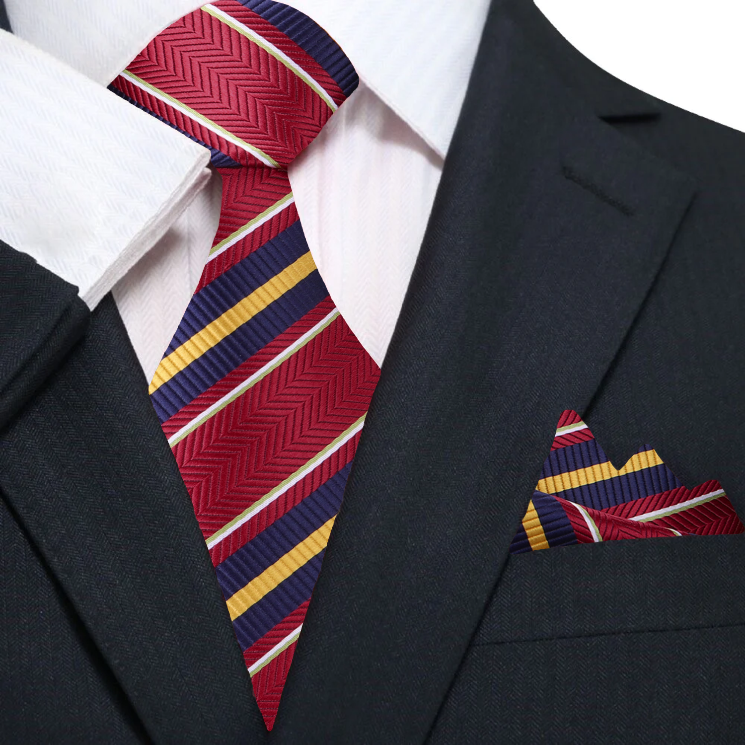 Main: ||Red, Yellow, Royal Stripe Tie and Pocket Square