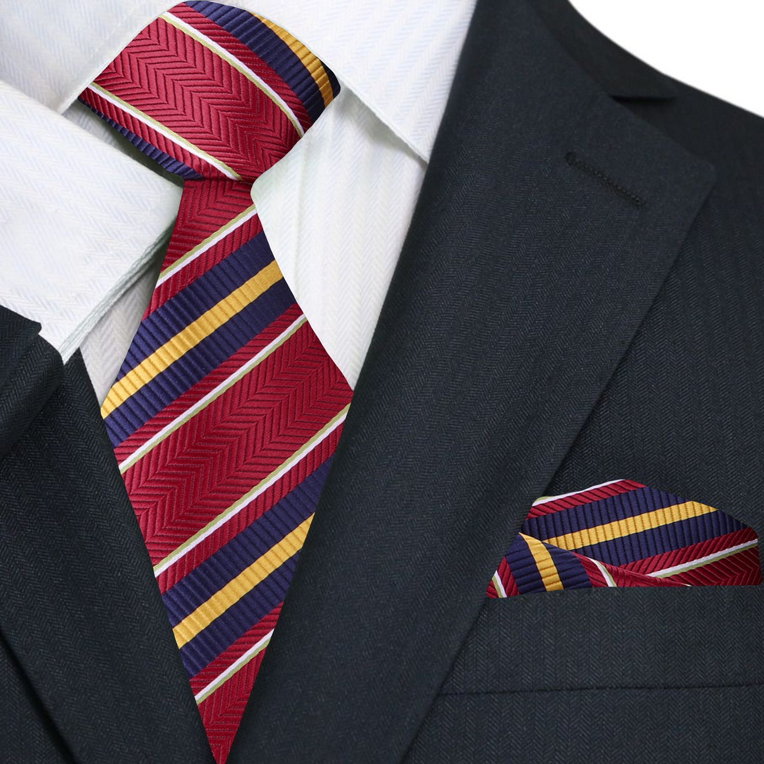 Main: ||Red, Yellow, Royal Stripe Tie and Pocket Square