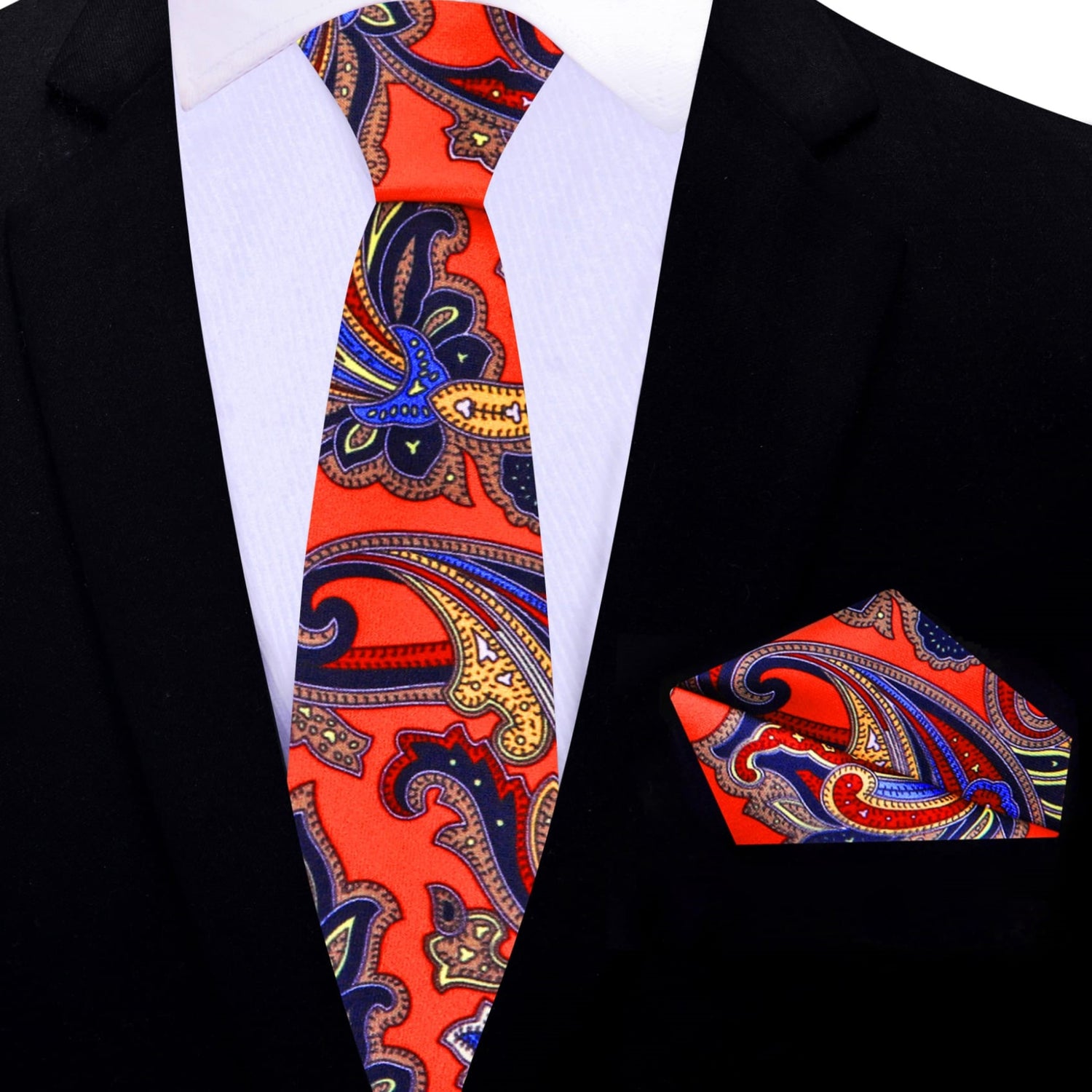 Thin Tie: A Red, Blue, Yellow Floral Pattern Silk Necktie, Matching Pocket Square