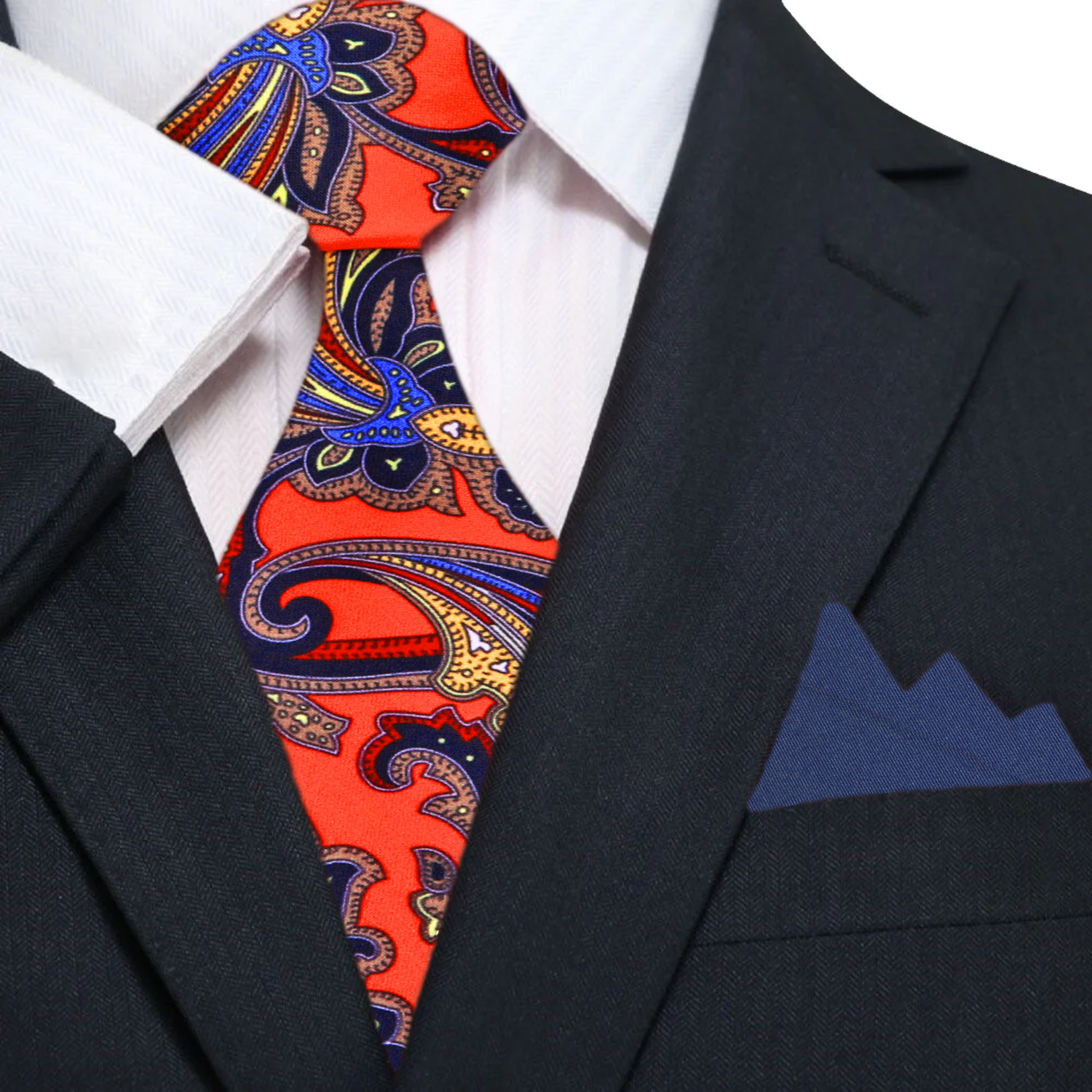 Red, Blue, Yellow Paisley Necktie and Blue Square