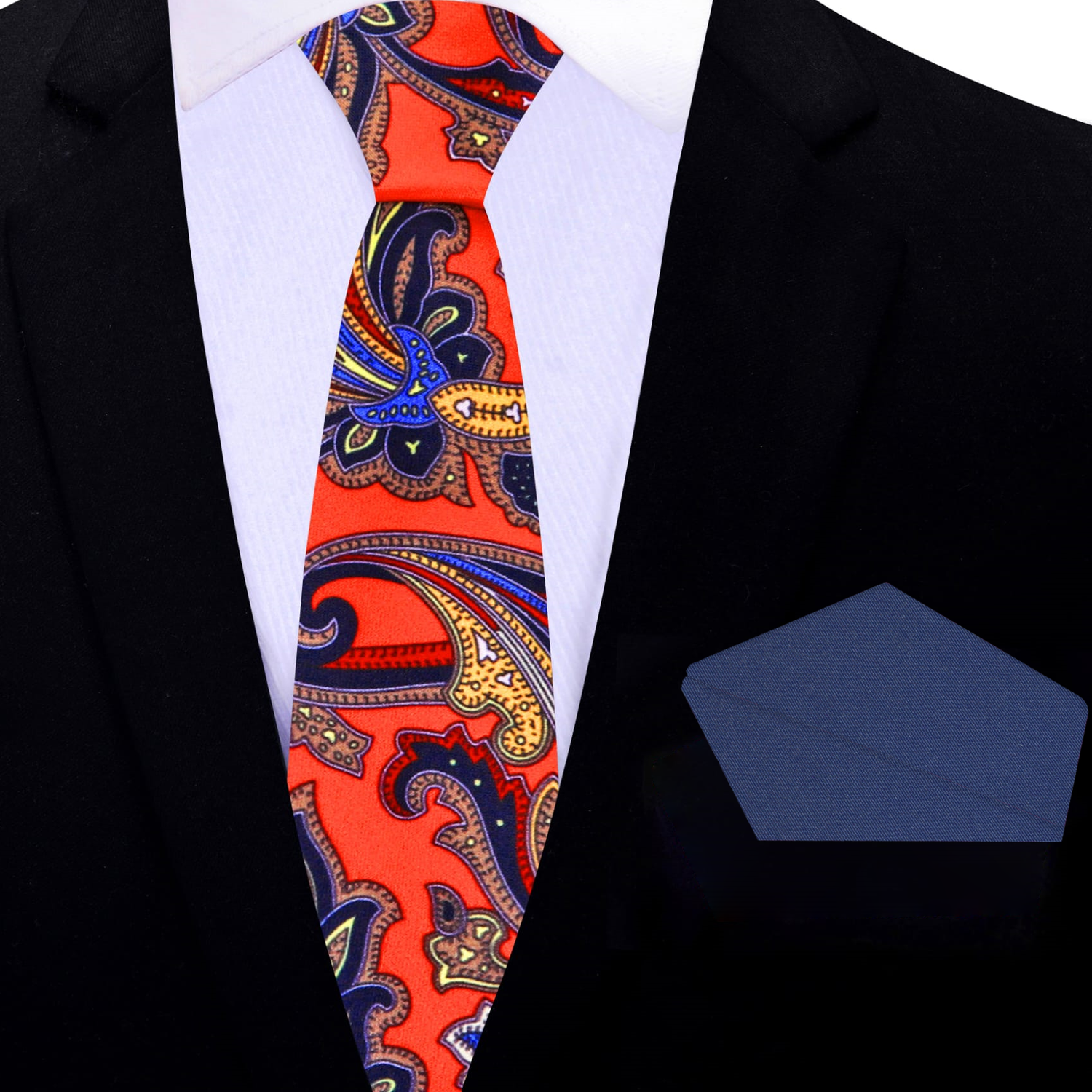 Thin: Red, Blue, Yellow Paisley Necktie and Blue Square