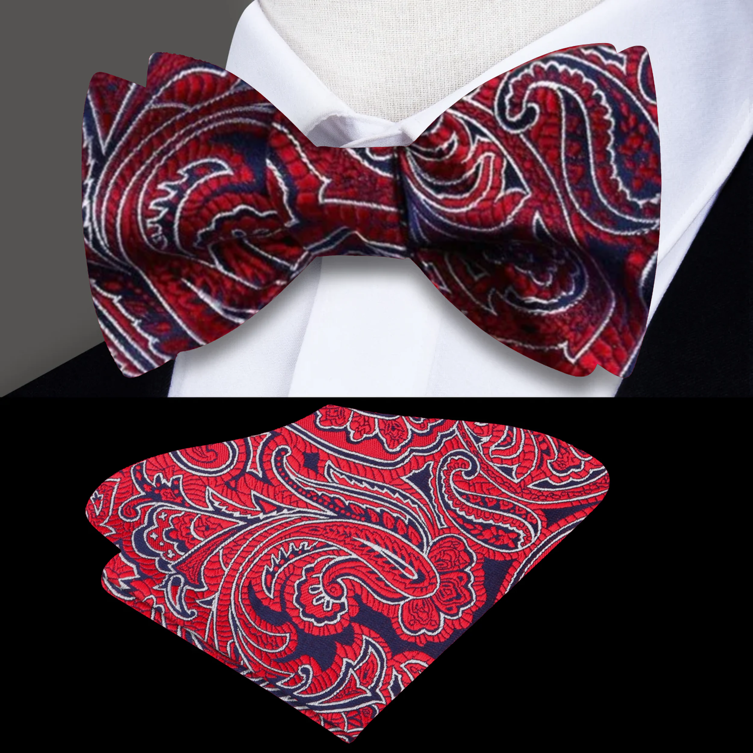 A Red, Blue Intricate Floral and Paisley Pattern Silk Self Tie Bow Tie, Matching Pocket Square