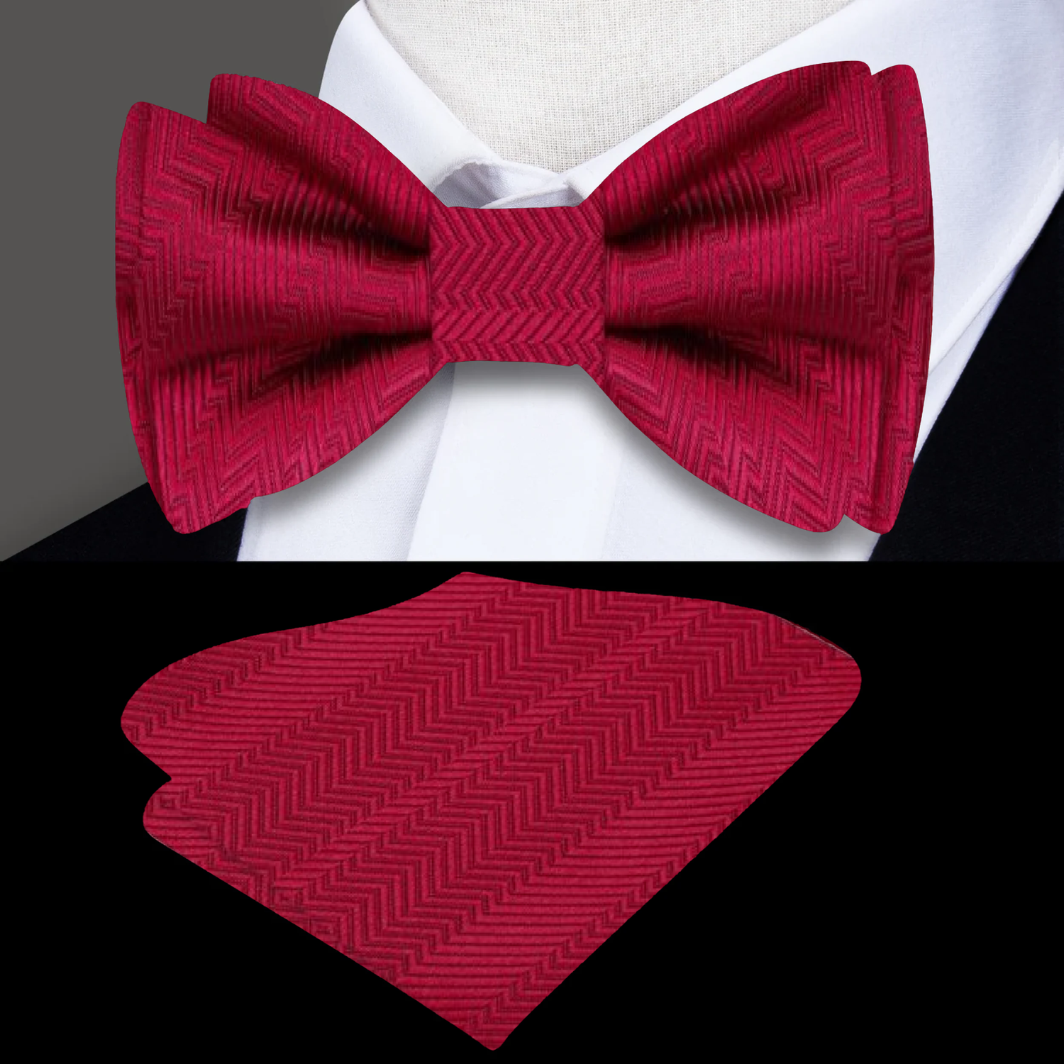 Main: A Rosewood Solid Pattern Self Tie Bow Tie, Matching Pocket Square||Rosewood