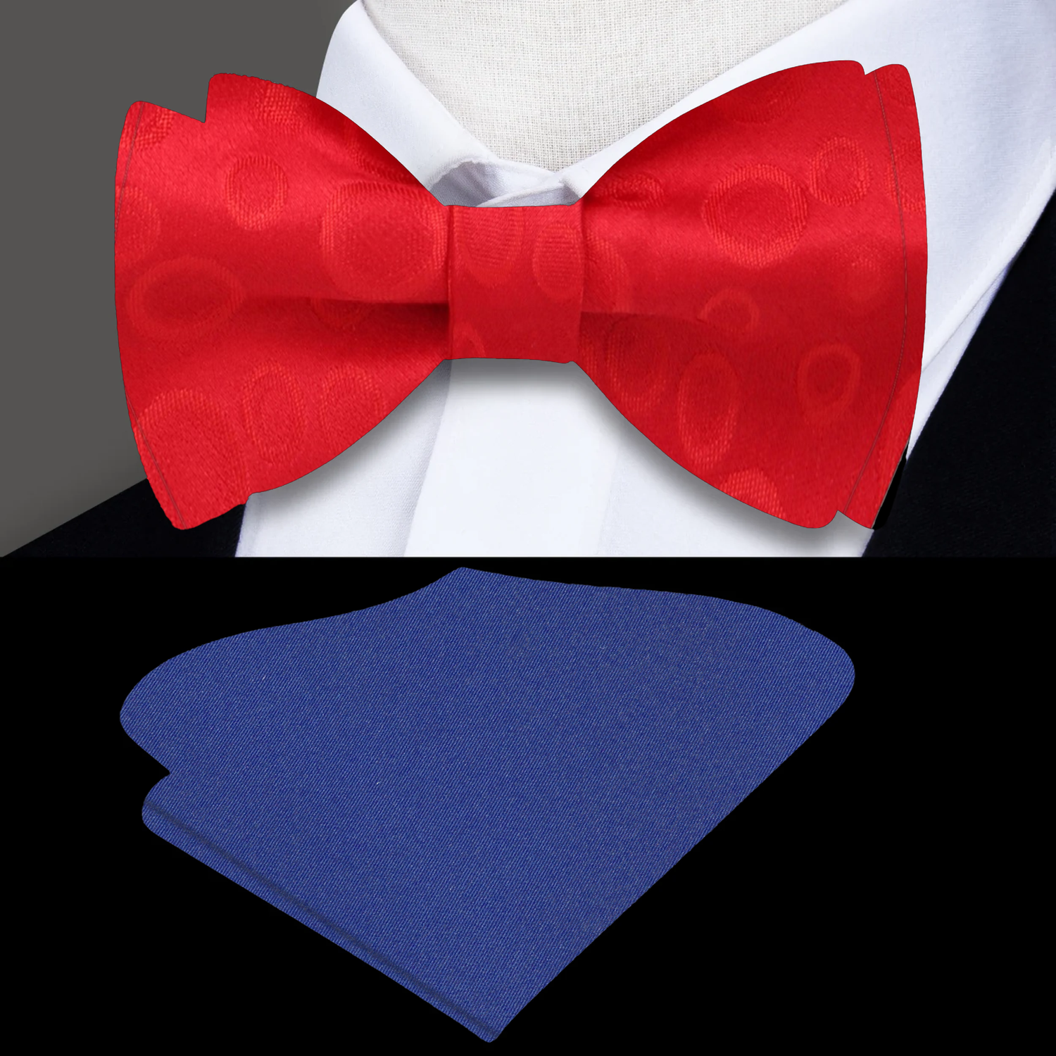 A Red Polka Dot Pattern Silk Self Tie Bow Tie, Blue Pocket Square
