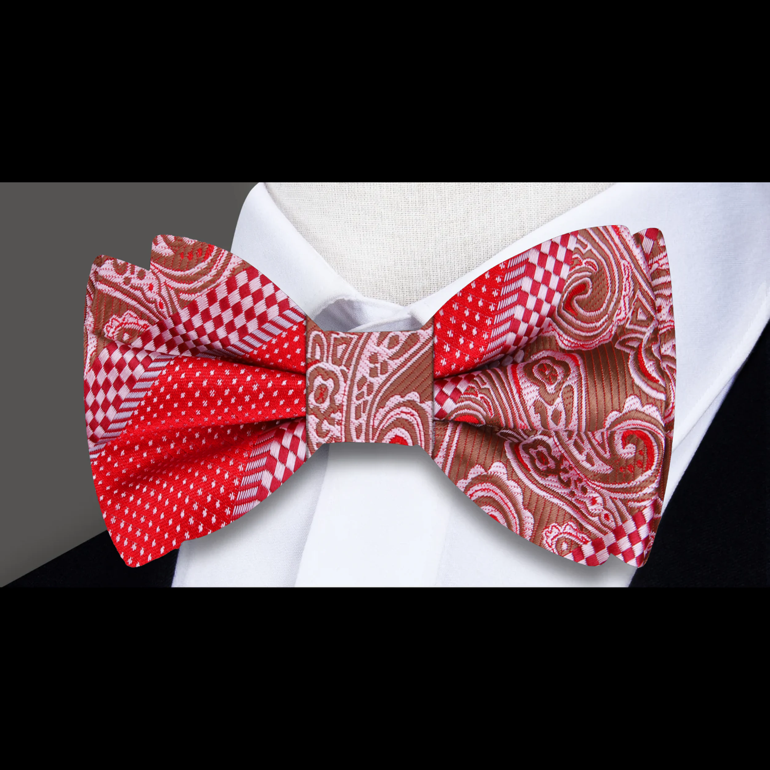 Red, Brown Paisley and Check Bow Tie  