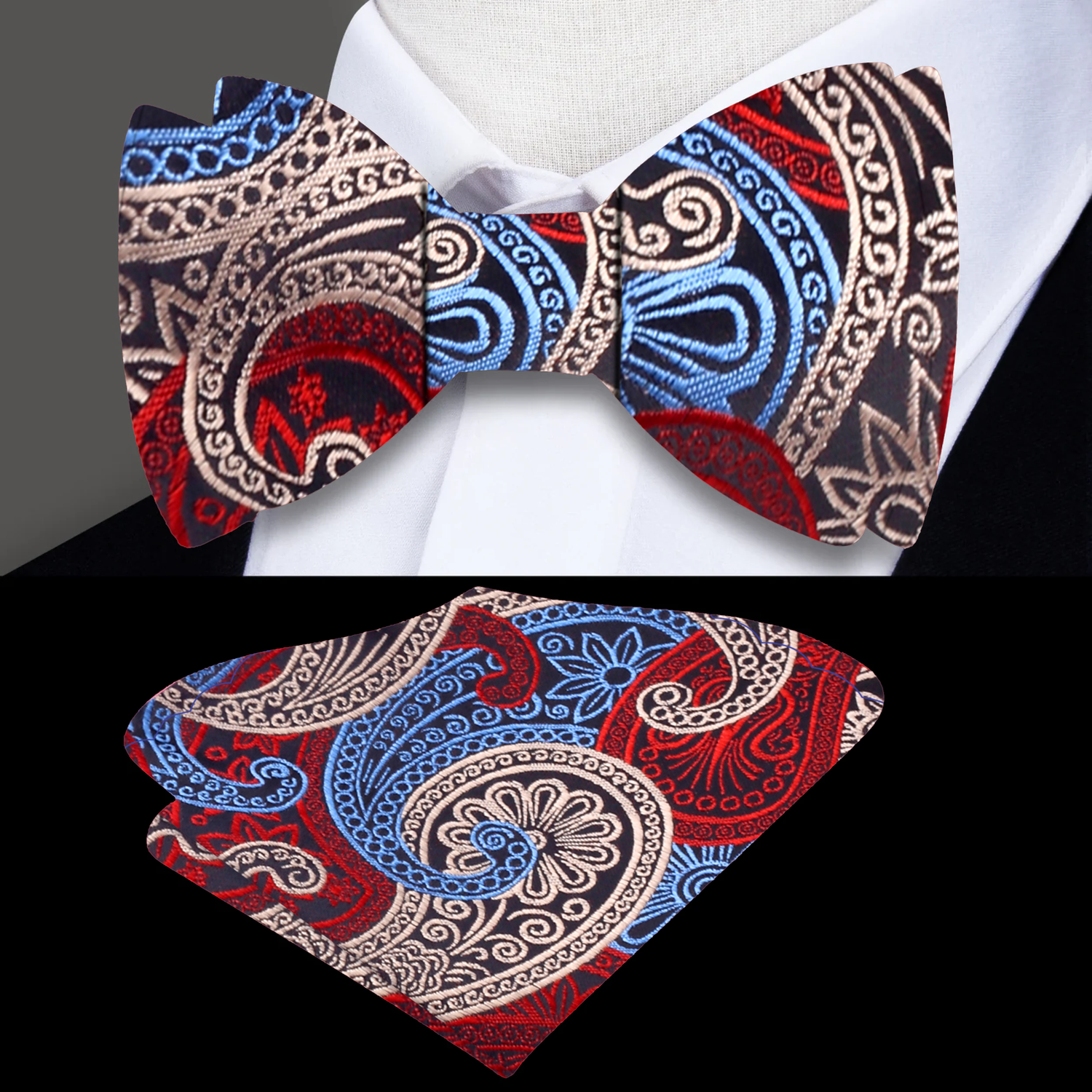 Main: Blue, Red, White Paisley Bow Tie and Pocket Square
