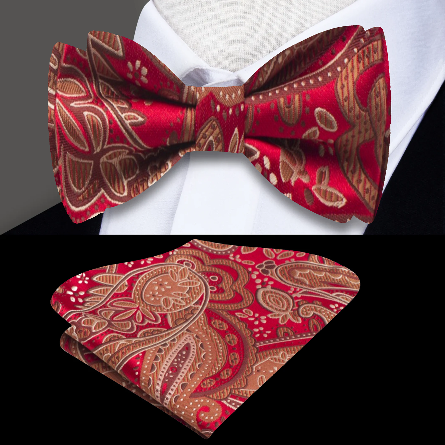 A Deep Red, Brown Paisley Pattern Silk Self Tie Bow Tie, Matching Pocket Square