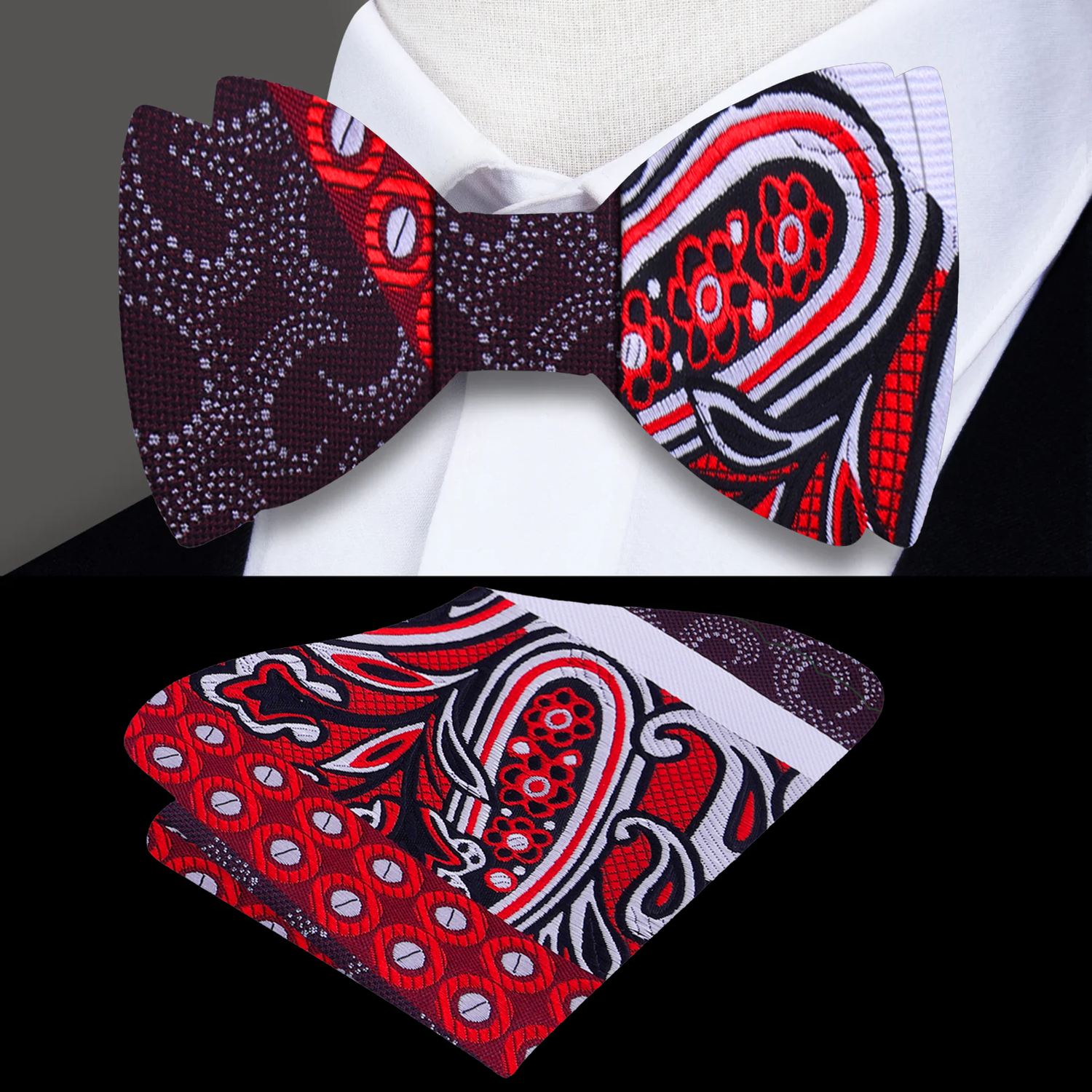 Main A Red, Brown, White Abstract Waves, Paisley, Dot Pattern Silk Self Tie Bow Tie, With Matching Pocket Square