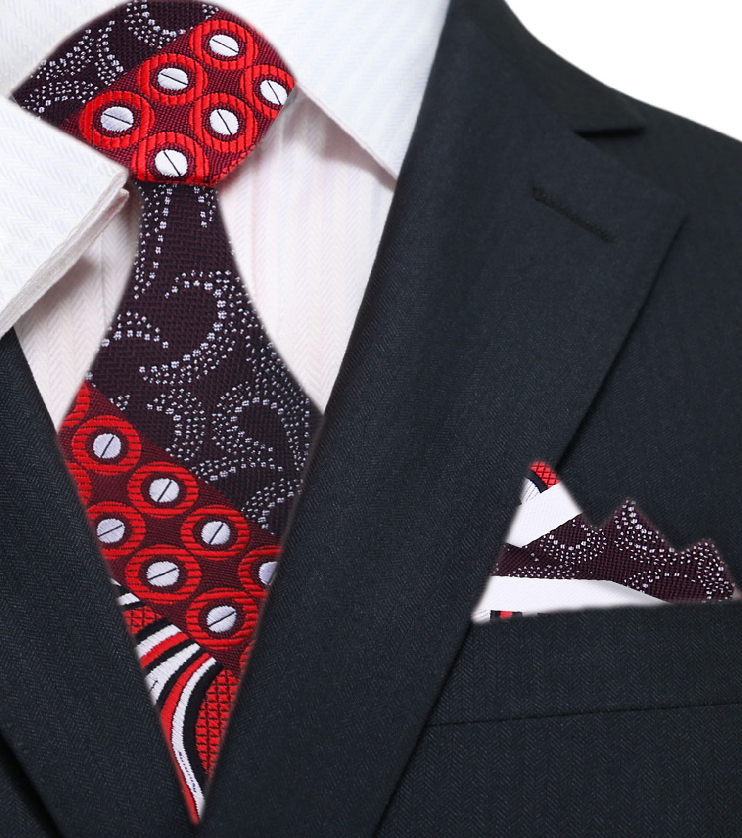 Main: Red, Brown, White Abstract Paisley Tie and Pocket Square