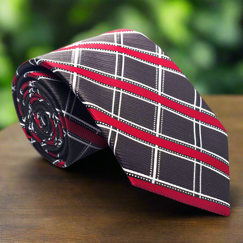 Alt View: Greyish Brown, Red, White Plaid Tie 