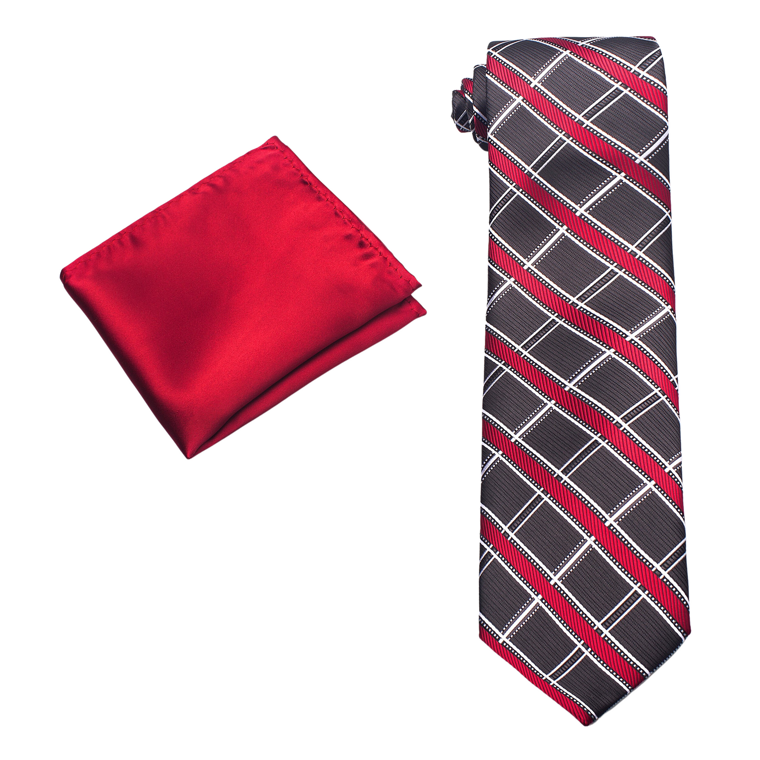 Alt View: Greyish Brown, Red, White Plaid Tie and Red Square