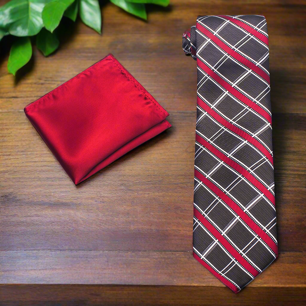 Alt View: Greyish Brown, Red, White Plaid Tie and Red Square