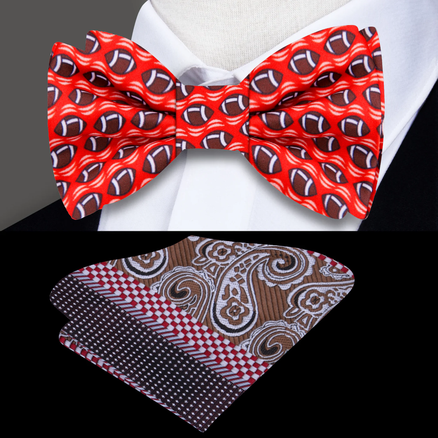 Red, Brown Small Footballs Bow Tie And Accenting Pocket Square