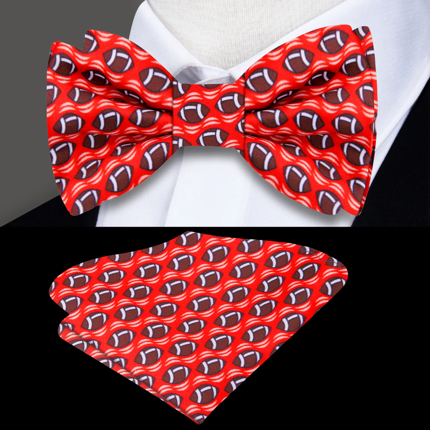 Red, Brown Small Footballs Bow Tie And Pocket Square