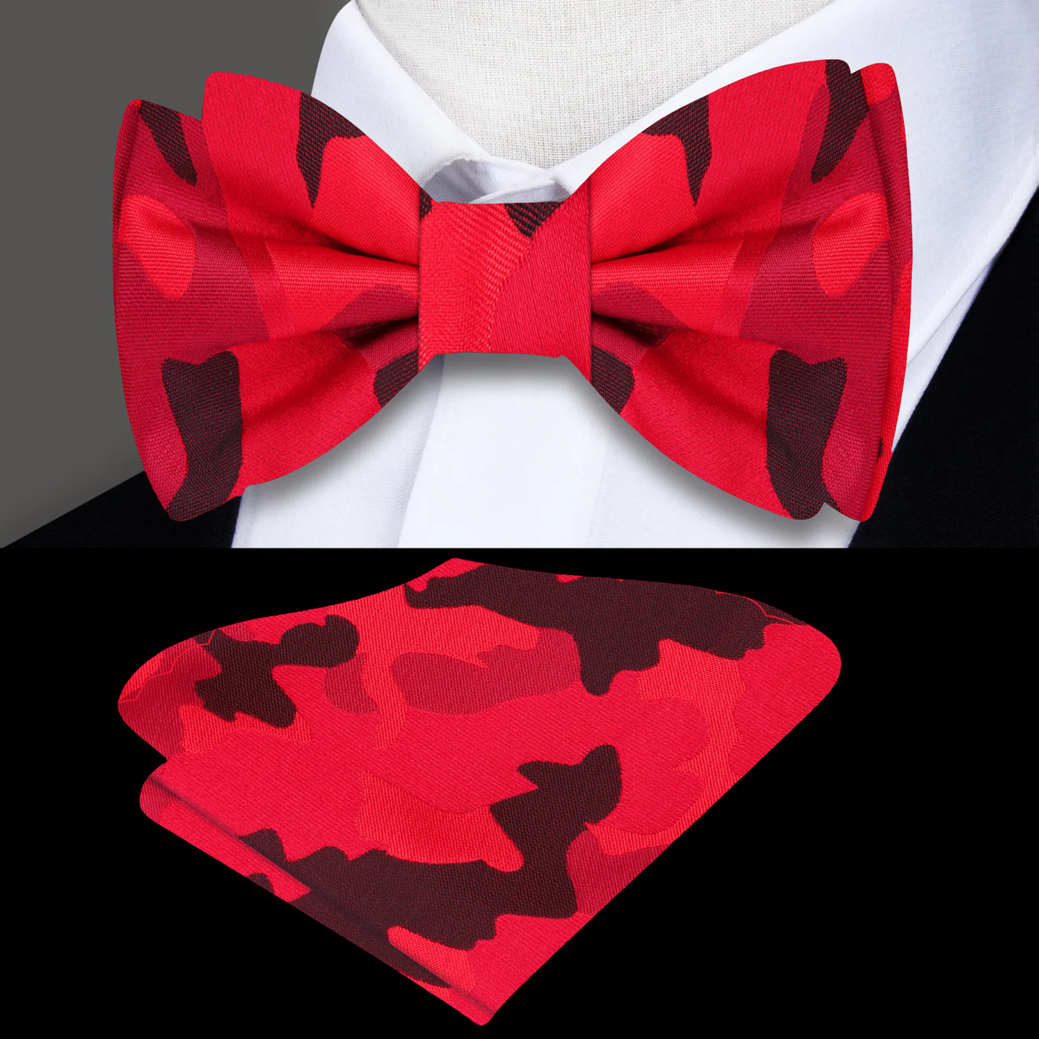 Main: A Red, Light Red, Black Color Fleck Camouflage Pattern Silk Bow Tie, Pocket Square||Red