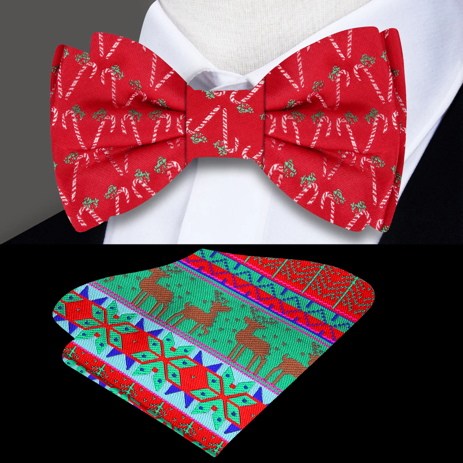 Red, White and Green Candy Cane Bow Tie and Accenting Pocket Square