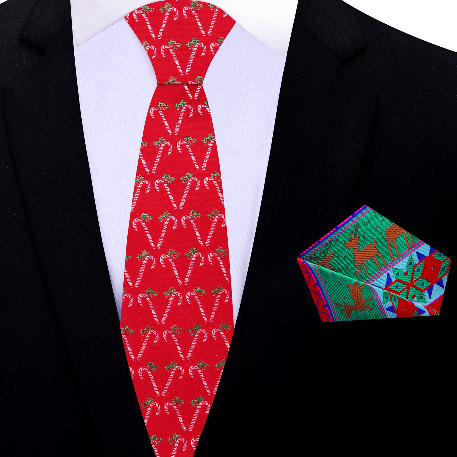 Thin  Red, Green, White Candy Cane Silk Necktie And Accenting Pocket Square