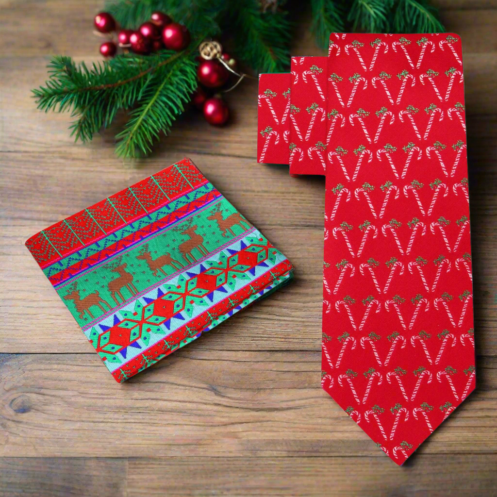 Alt Red, Green, White Candy Cane Silk Necktie And Accenting Pocket Square