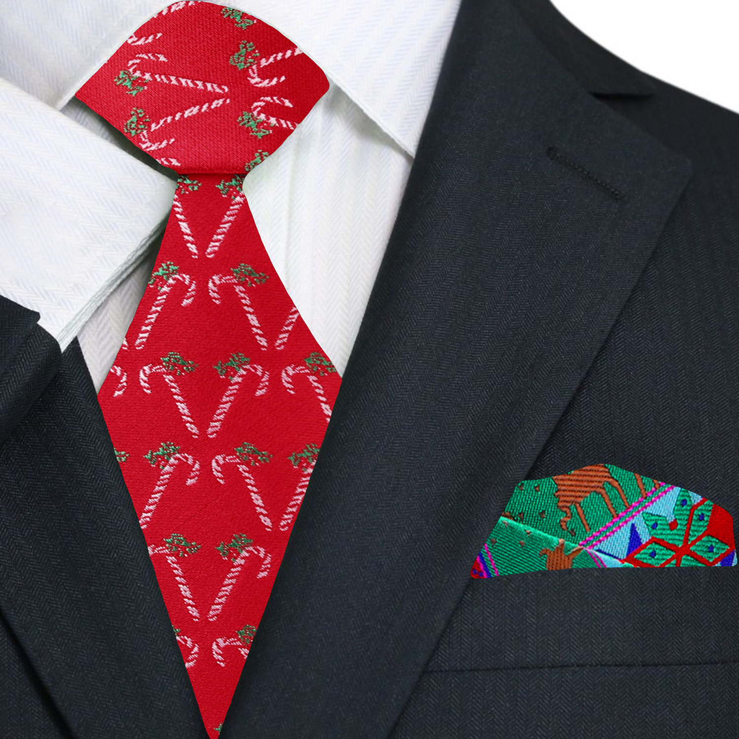 Premium  Red, Green, White Candy Cane Silk Necktie And Accenting Pocket Square