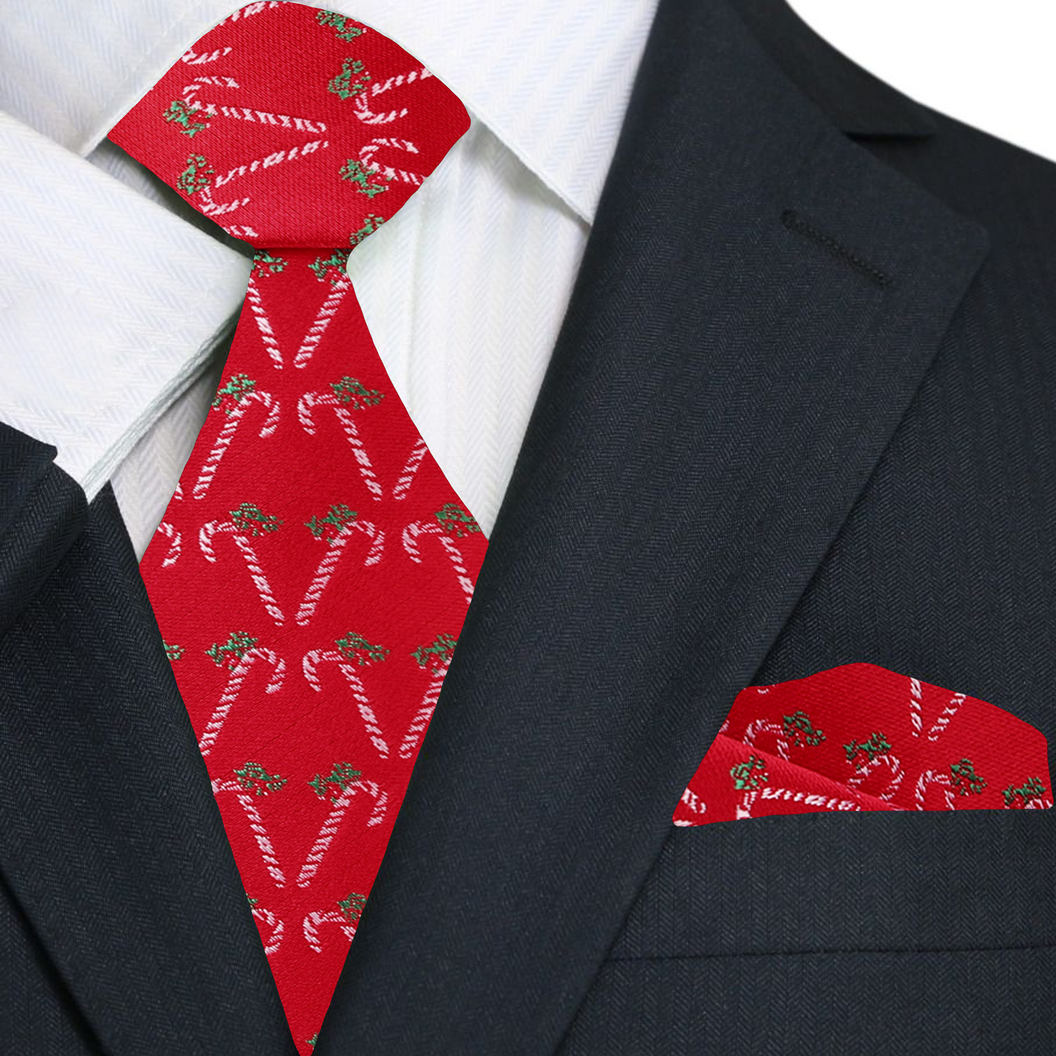 Premium Red, Green, White Candy Cane Silk Necktie And Pocket Square