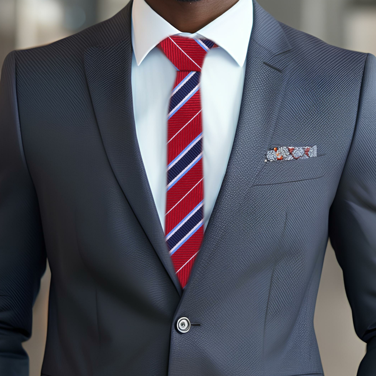 Red, Blue Stripe Necktie on grey suit