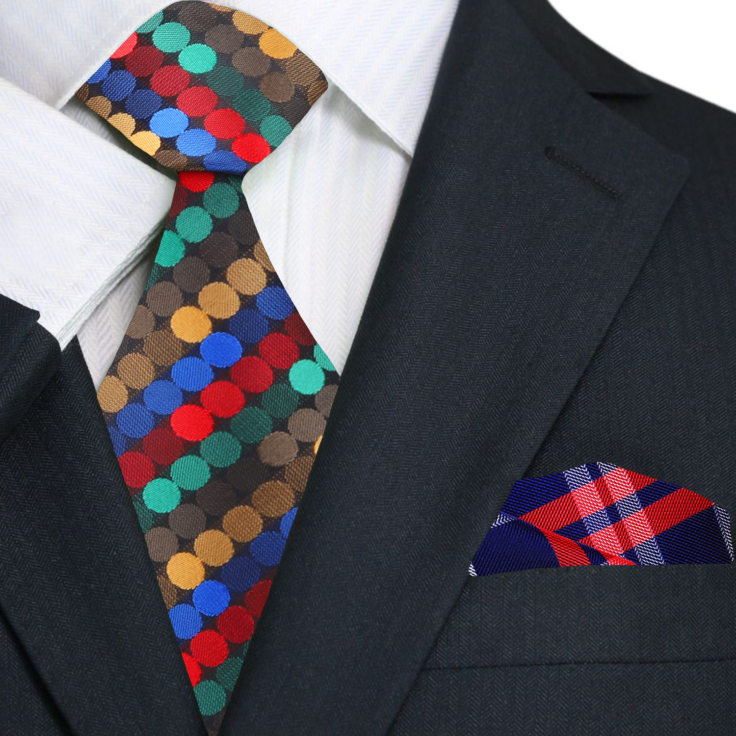 A Red, Yellow, Blue, Green Polka Dot Pattern Necktie, Matching Pocket Square