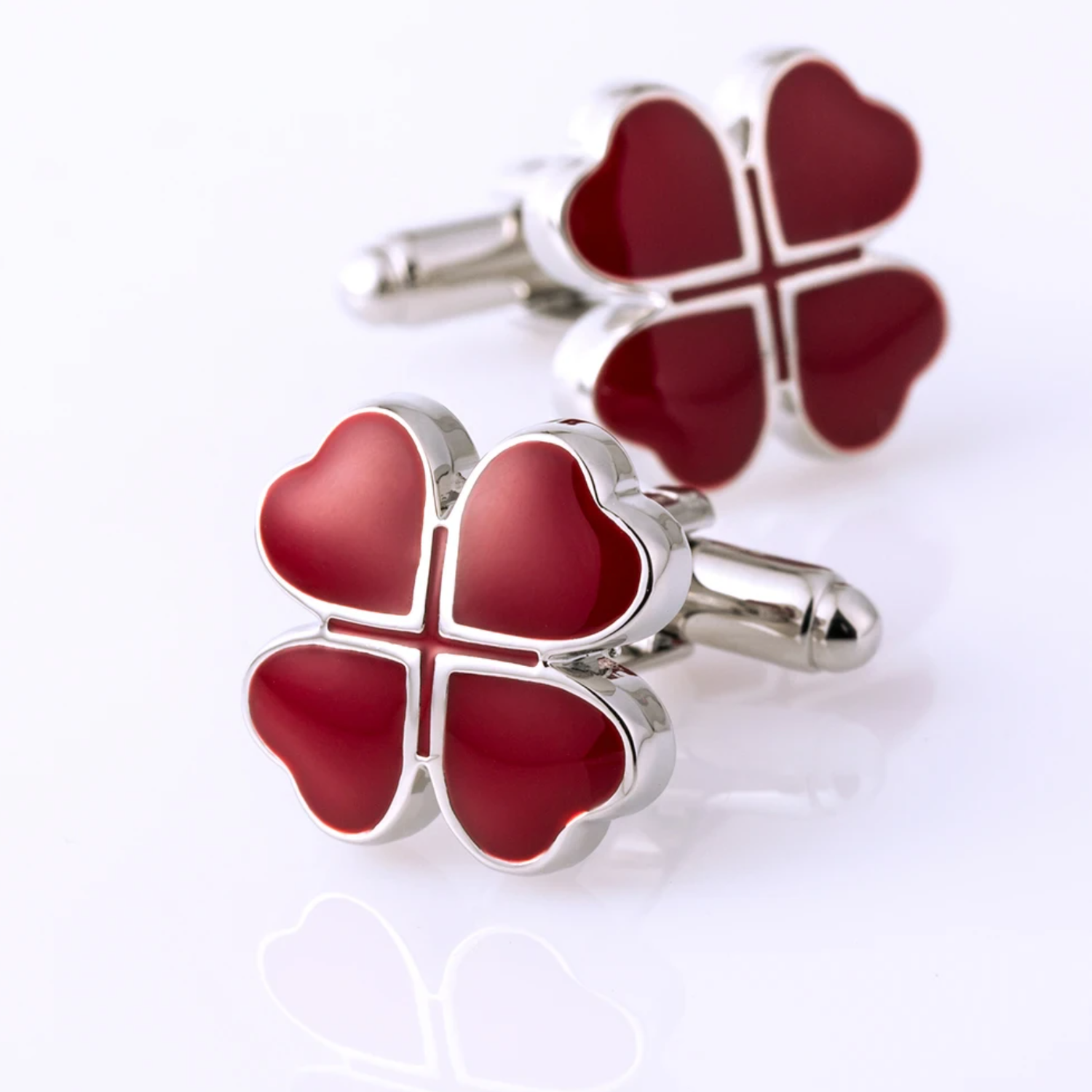 View 2: Red with Chrome Clover Cufflinks