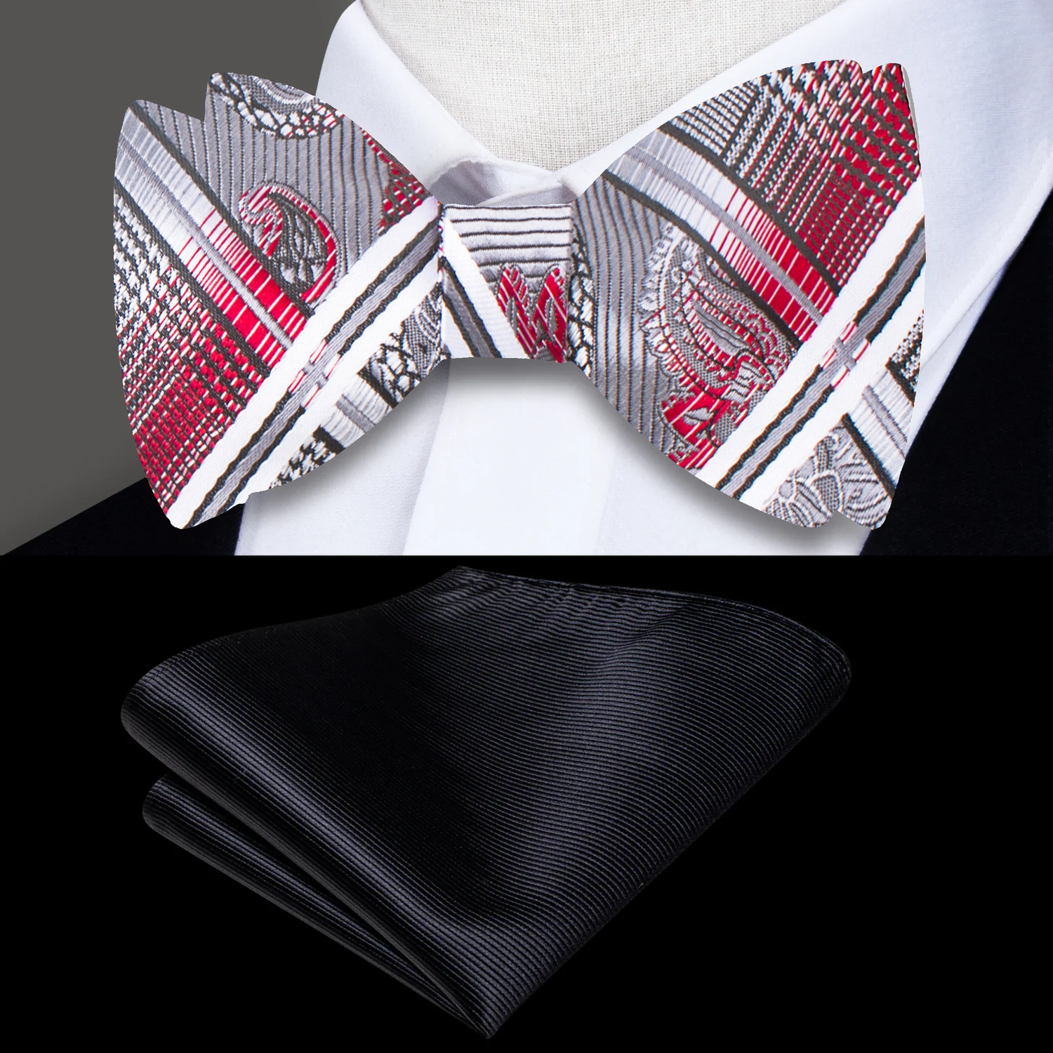 A Silver, Black, Red Geometric and Paisley Pattern Silk Self Tie Bow Tie and Black Square