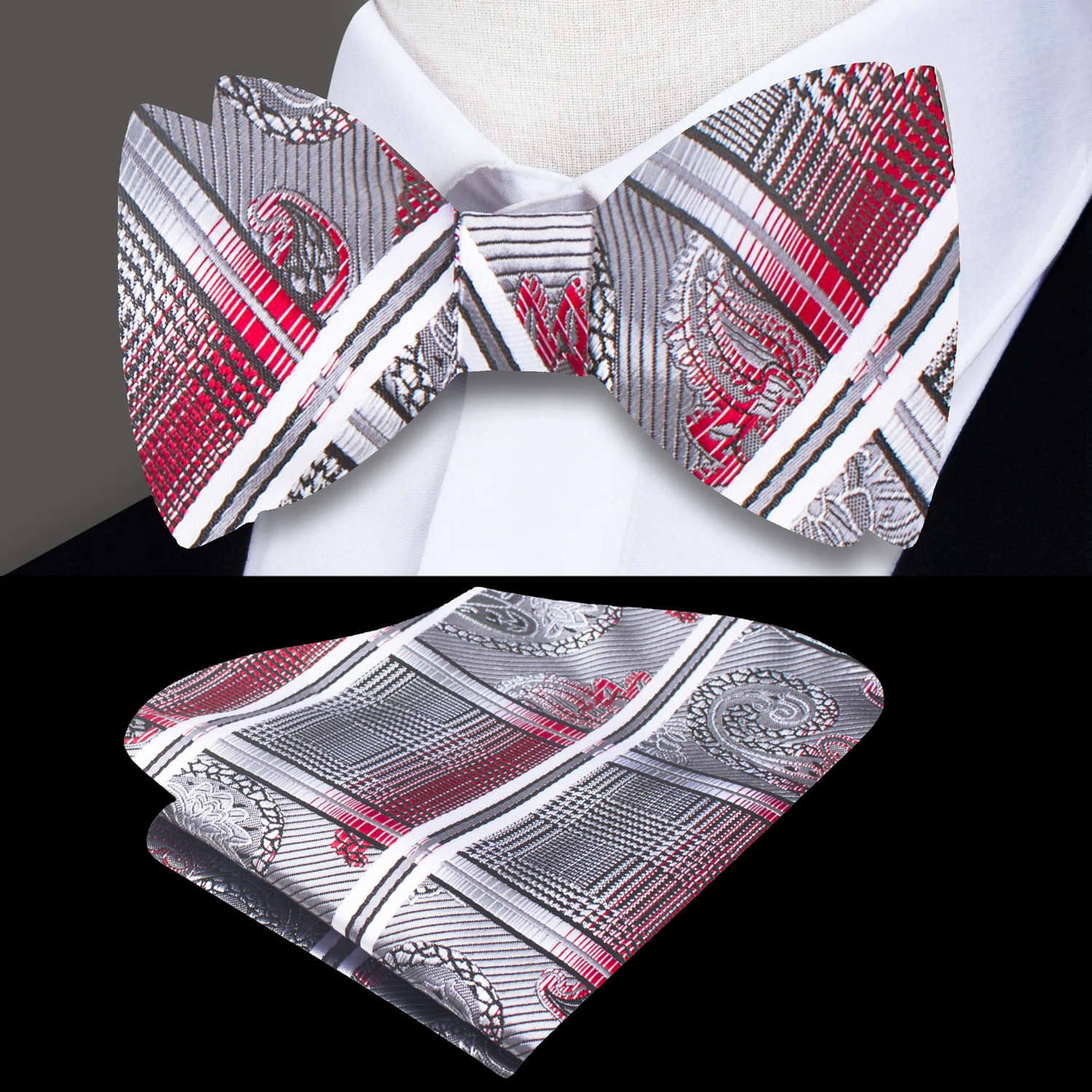 Main: A Silver, Black, Red Geometric and Paisley Pattern Silk Self Tie Bow Tie and Square