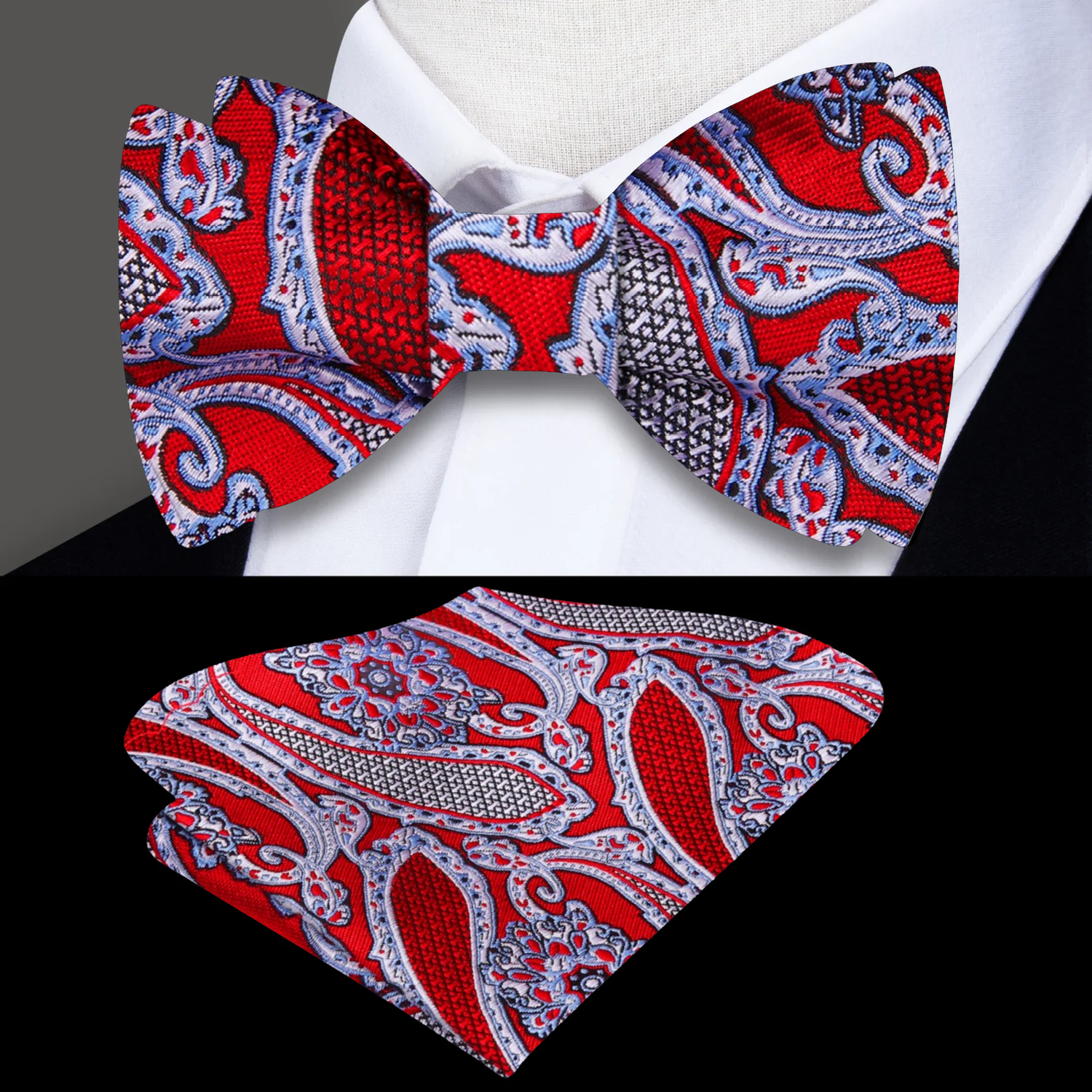 A Red, Black, White Detailed Paisley Pattern Silk Self Tie Bow Tie, Matching Pocket Square