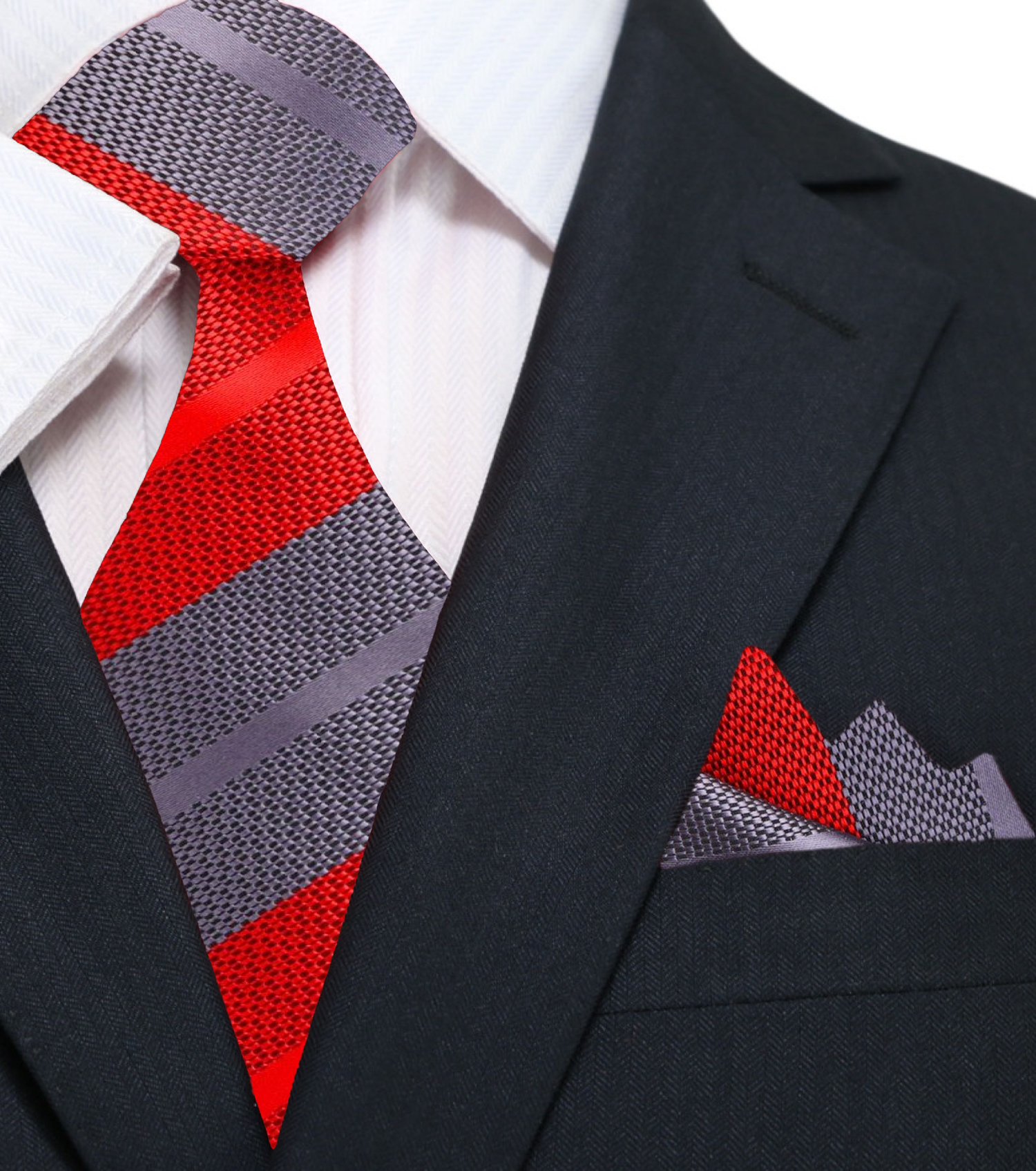 Main View: Red/Grey Stripe Tie and Pocket Square