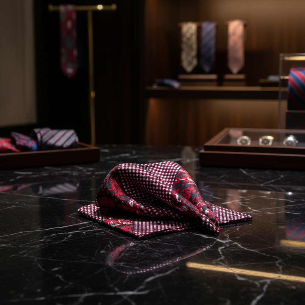 Crimson Black & Silver Paisley Check Pocket Square