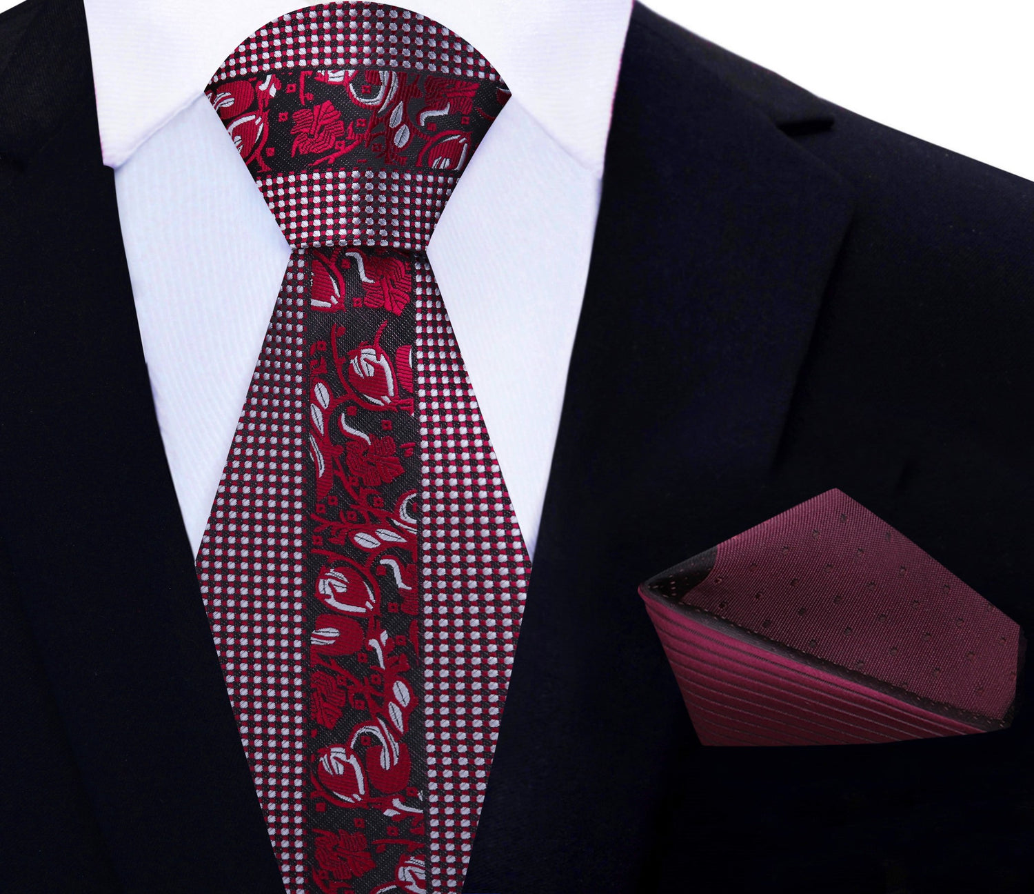 View 2: Red Floral Necktie and Matching Pocket Square