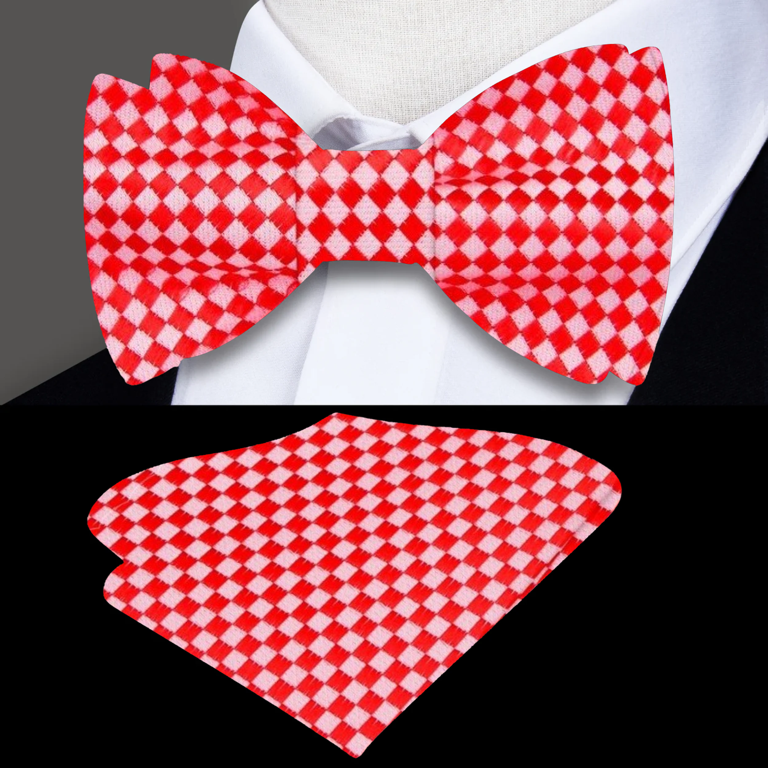 Red, Light Grey Diamonds Bow Tie and Pocket Square