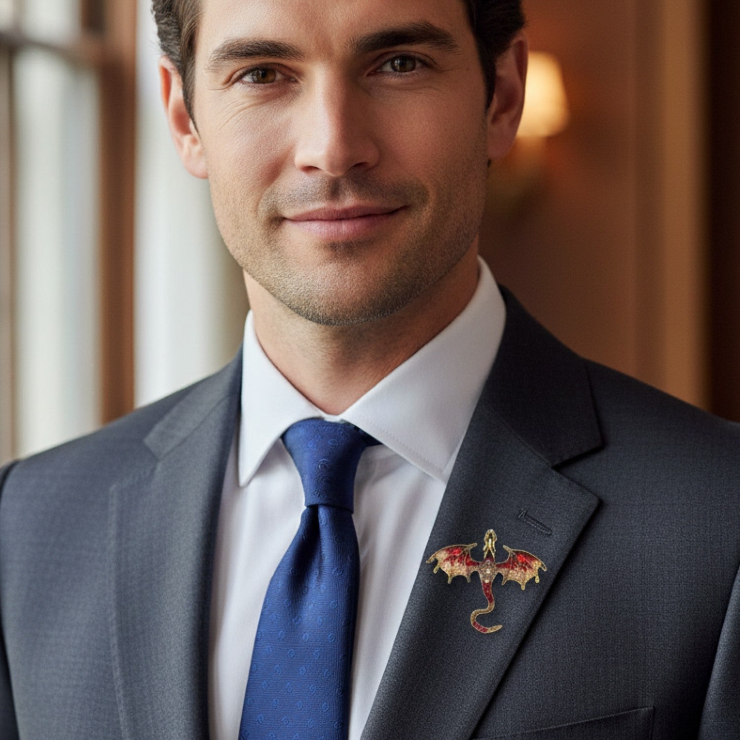 Man wearing a gray suit with a blue tie and a decorative lapel pin, smiling.