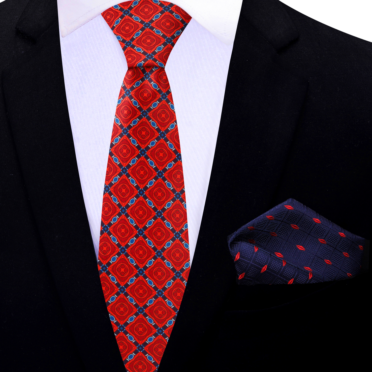 Thin Tie: Red Emerald Necktie with Blue Red Checks Square