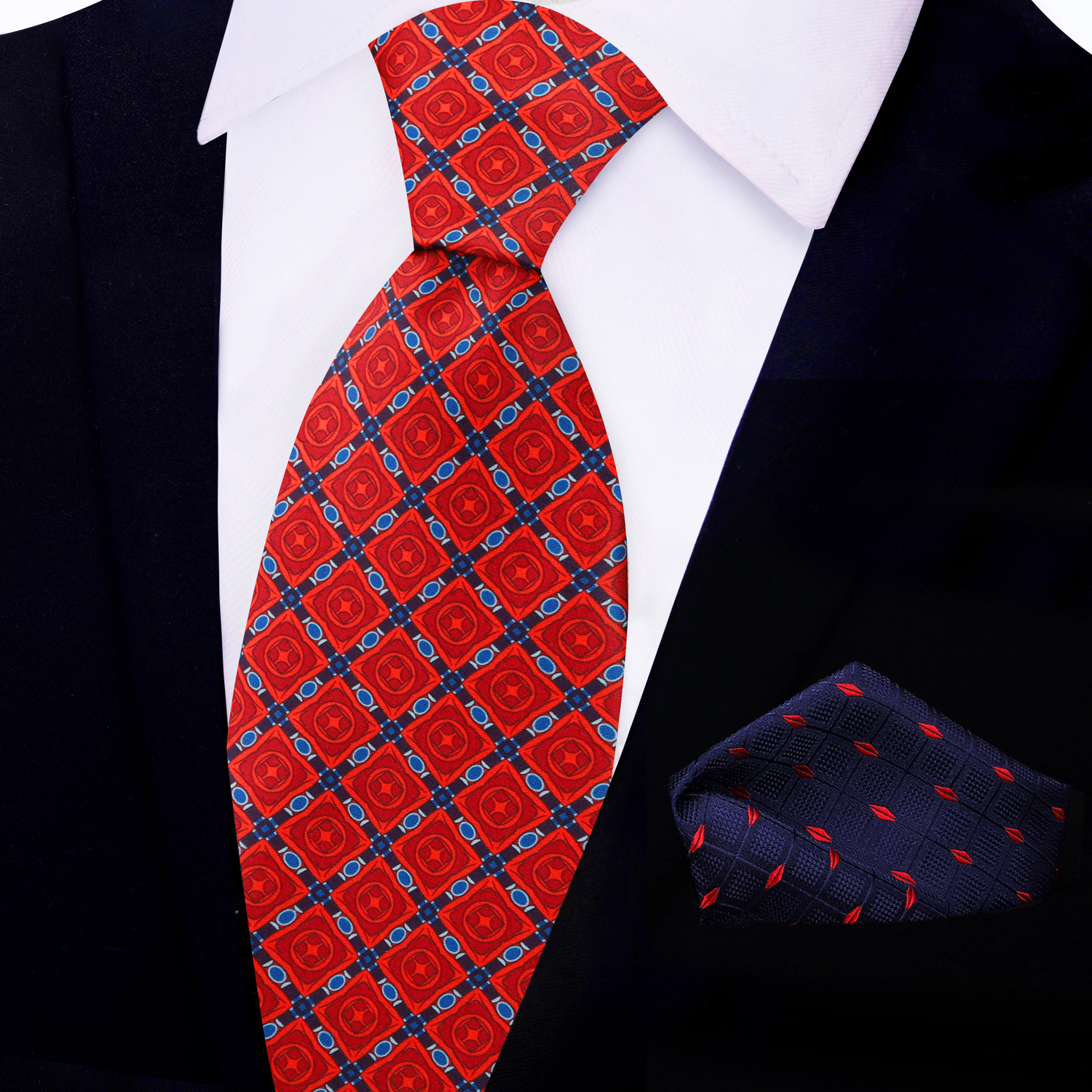Red Emerald Necktie with Blue Red Checks Square