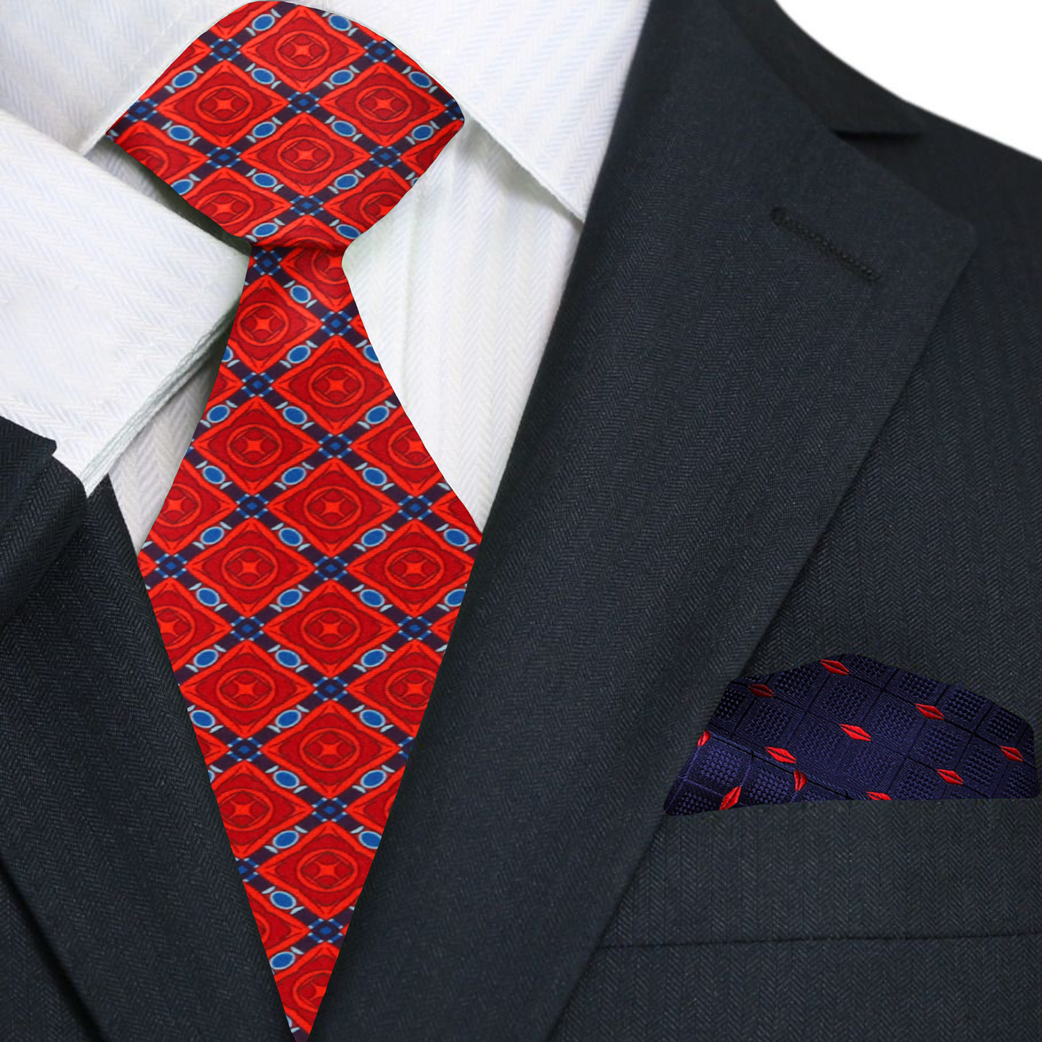 Premium Red Emerald Necktie with Blue Red Checks Square