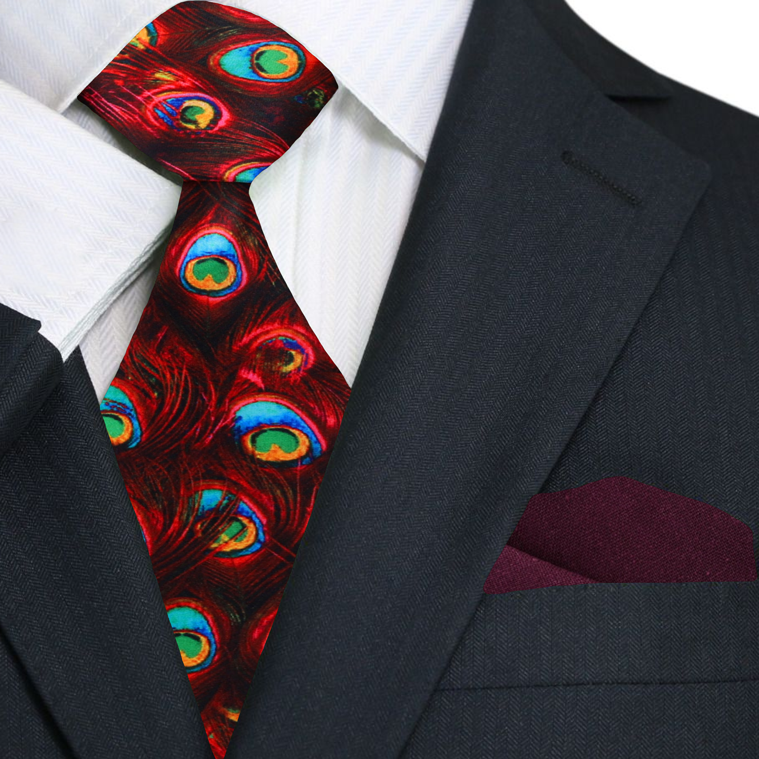 Main: Red Peacock Abstract Necktie and Deep Red Square