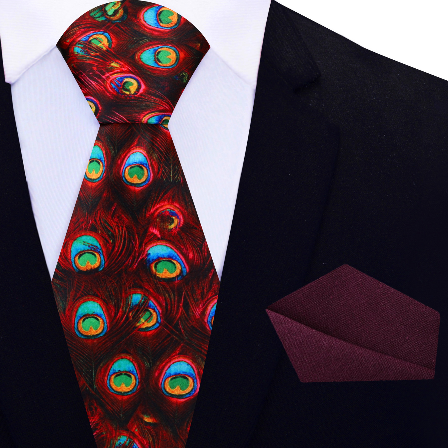 View 2: Red Peacock Abstract Necktie and Deep Red Square