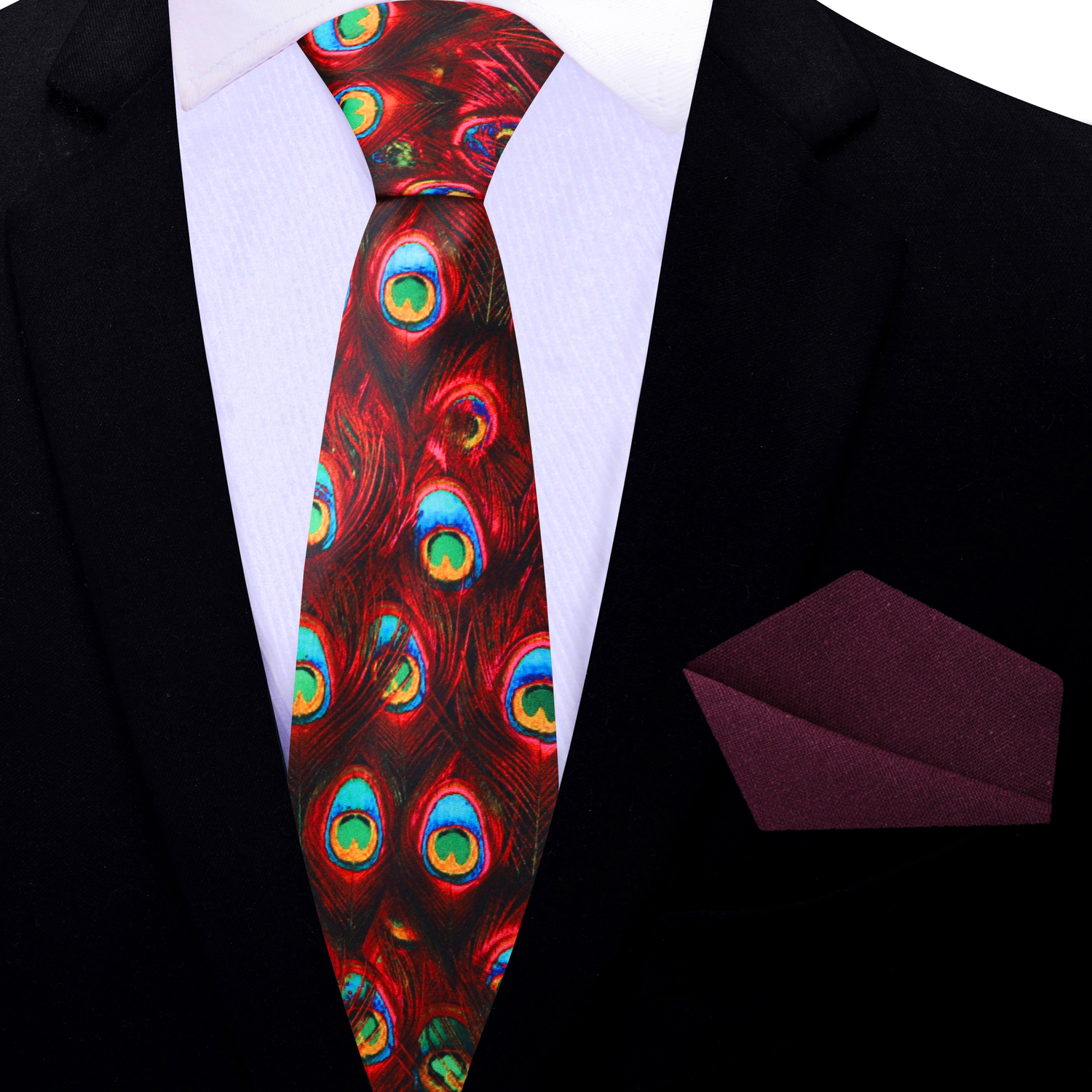Thin Tie: Red Peacock Abstract Necktie and Deep Red Square