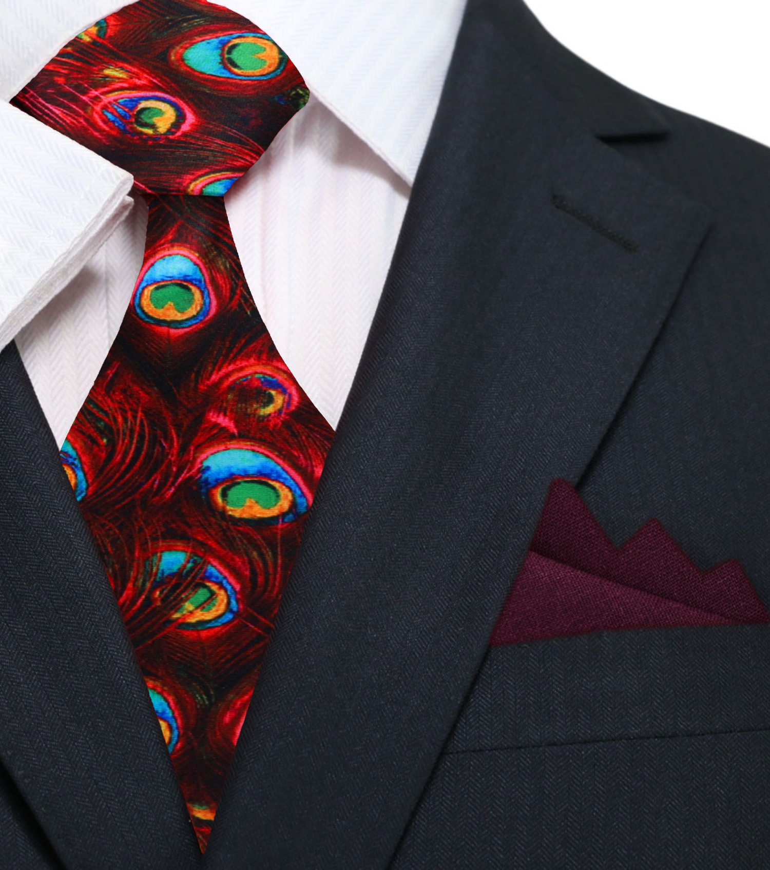 Main: Red Peacock Abstract Necktie and Deep Red Square