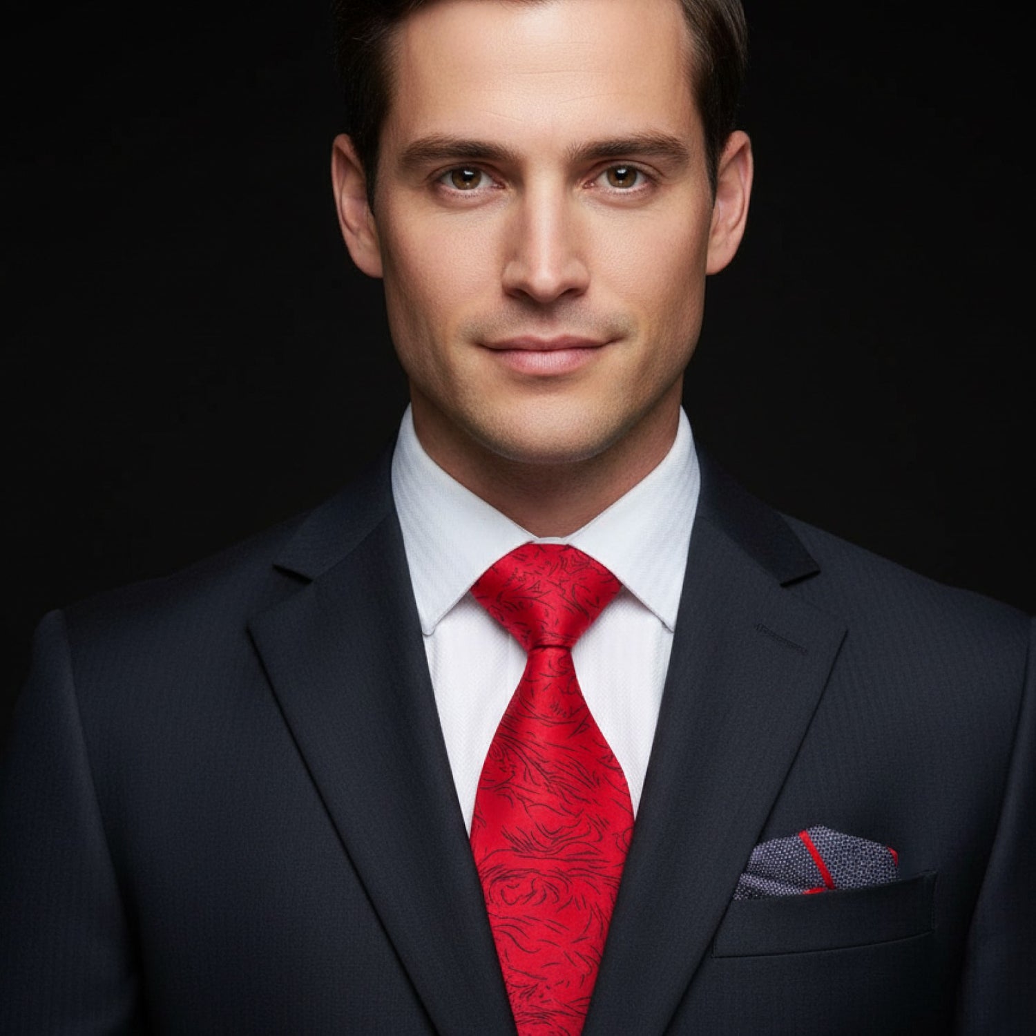 Man wearing a dark suit with a red tie against a black background