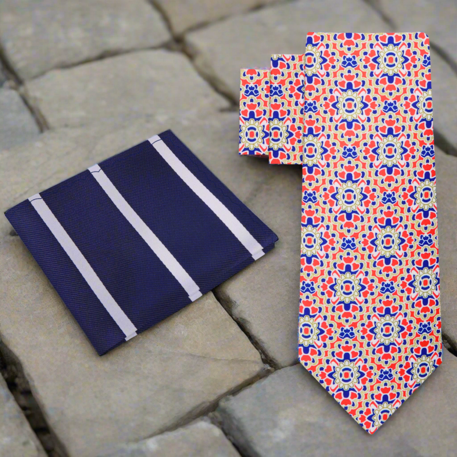 Alt View: Red, Blue, White Mosaic Necktie and Blue, White Stripe Square