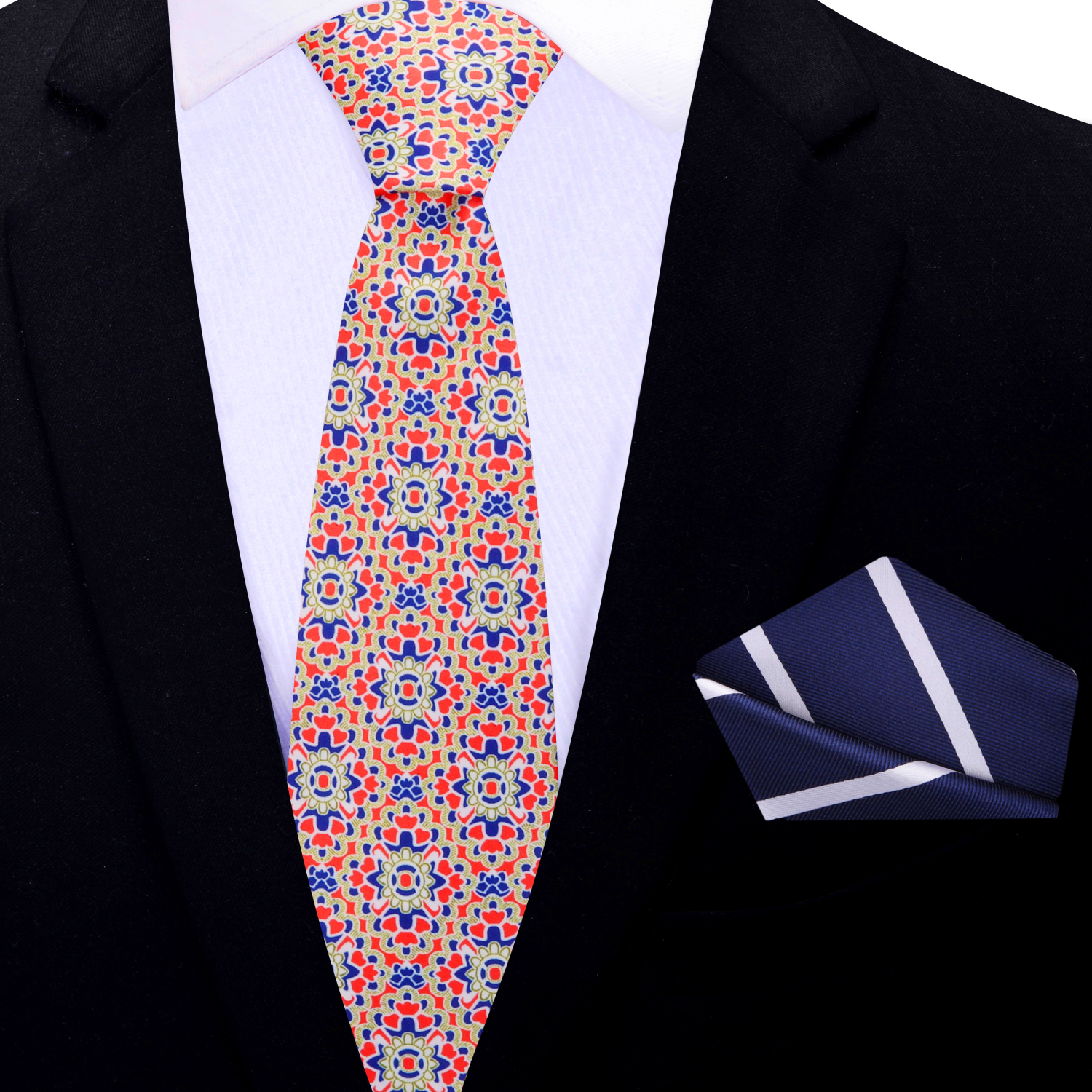 Thin Tie: Red, Blue, White Mosaic Necktie and Blue, White Stripe Square