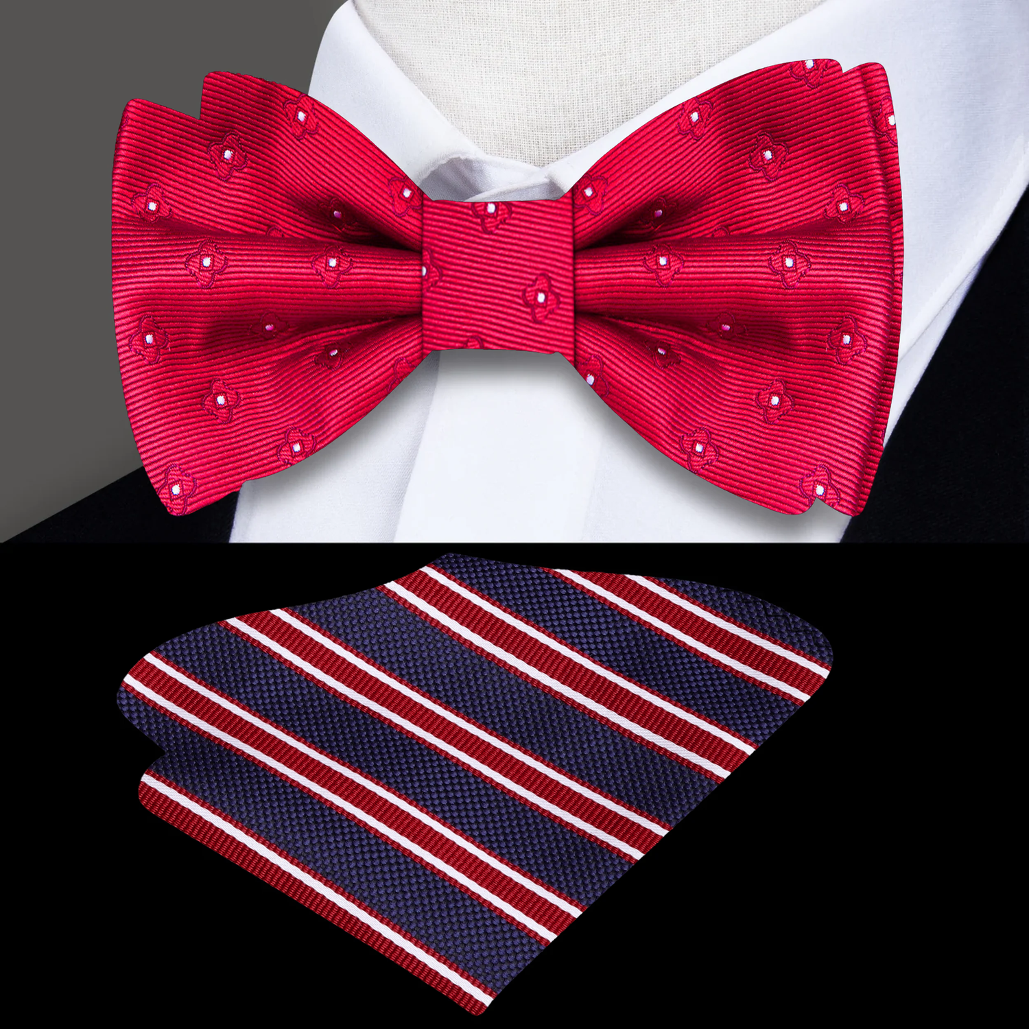 Red bow tie with white polka dots and a matching pocket square with red and blue stripes on a black background.