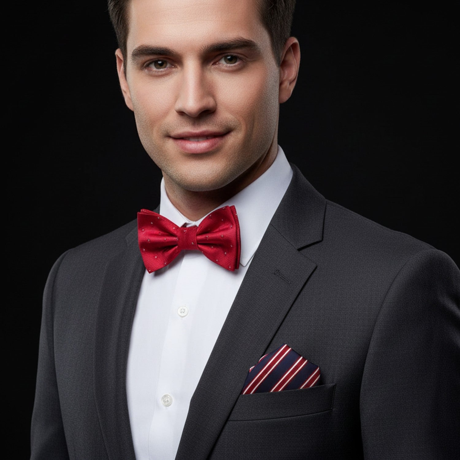 Man wearing a gray suit with a red bow tie and pocket square on a black background